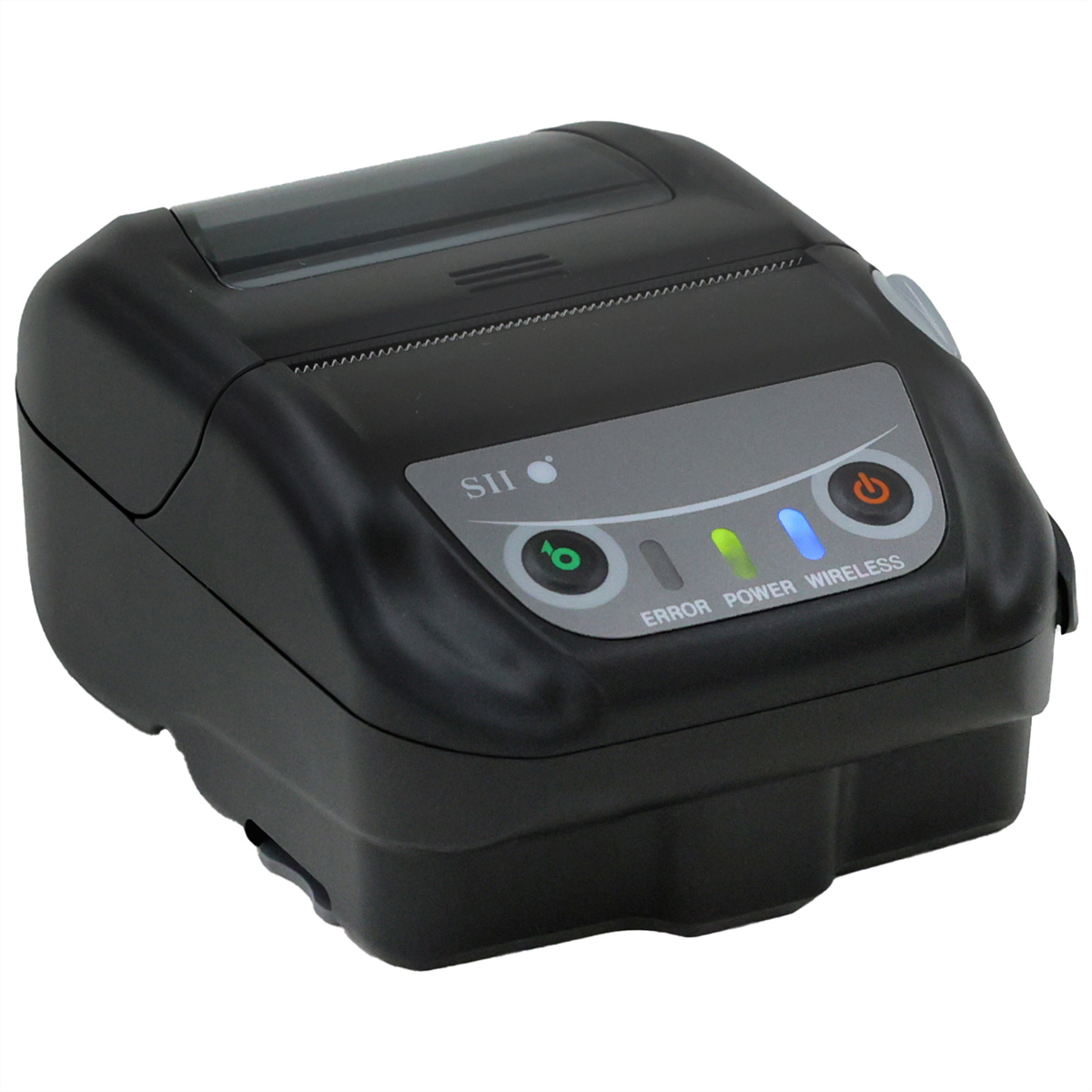 Stampante portatile nera con pulsanti, luci e logo SII. Sono visibili le etichette Error, Power e Wireless.
