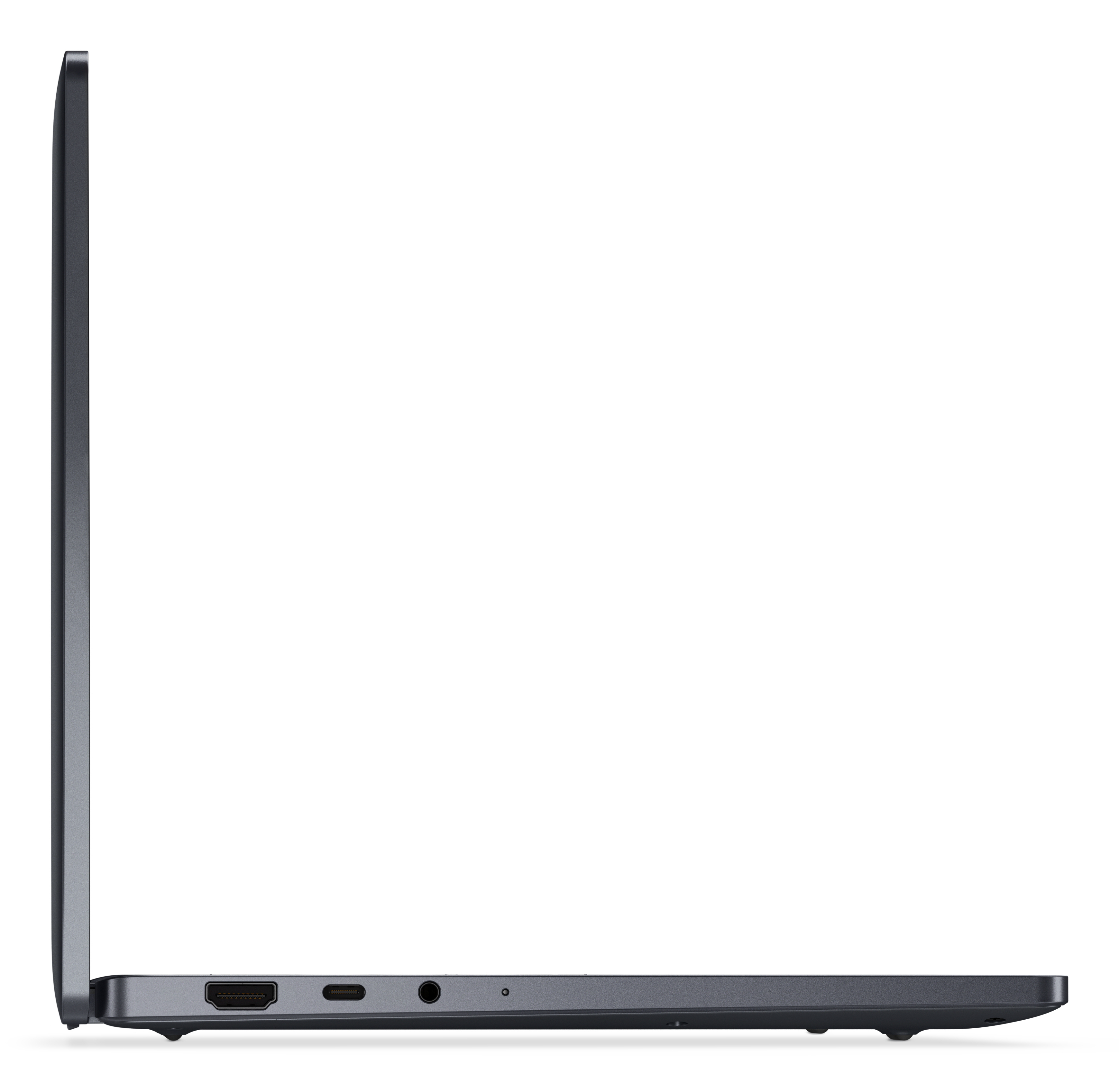 Seitenansicht eines dunkelgrauen Laptops, teilweise geöffnet. Es hat einen schwarzen Bildschirm und Anschlüsse. Weißer Hintergrund.