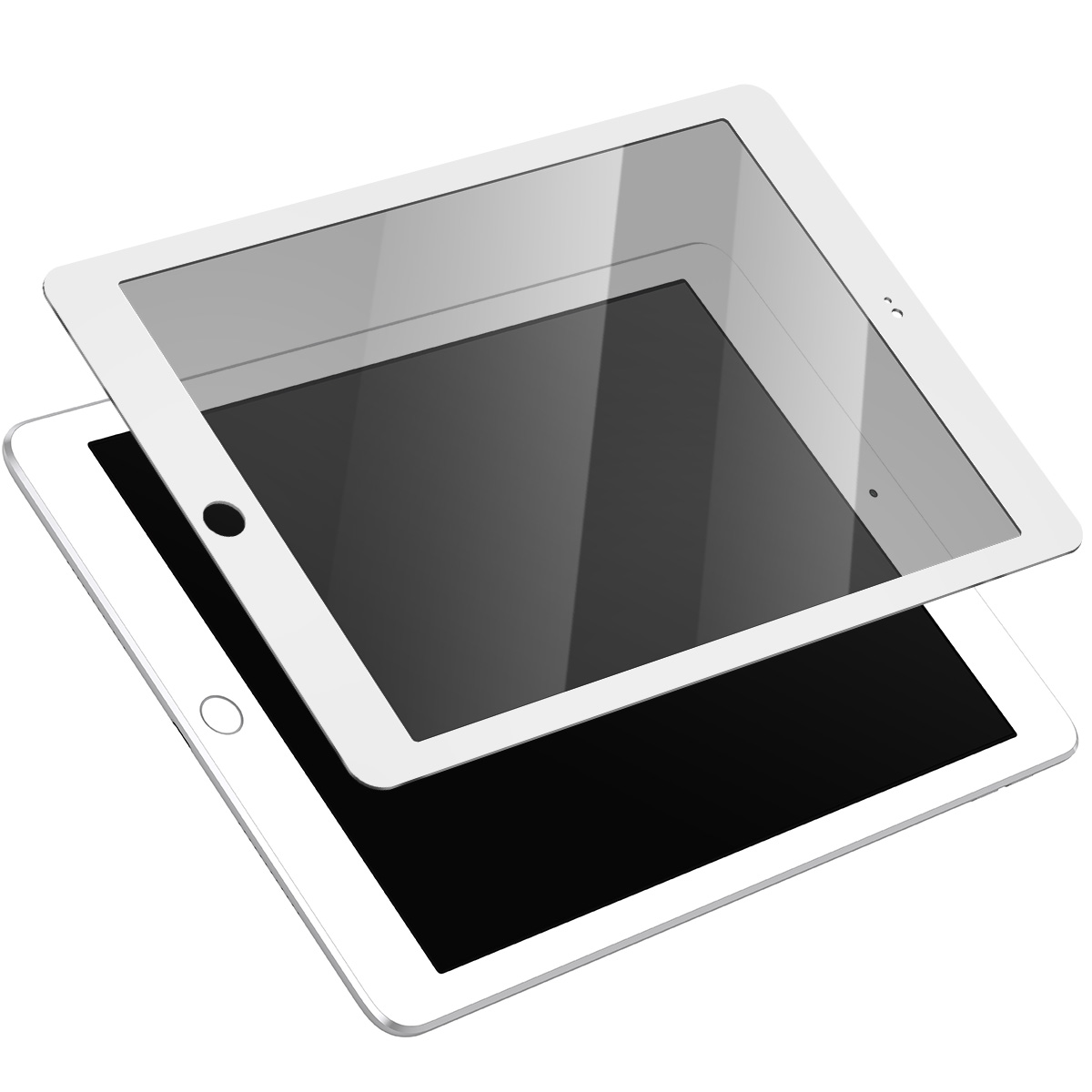 Twee witte tablets, één iets boven de ander. Elk heeft een zwart scherm. De bovenste heeft een transparant frame.