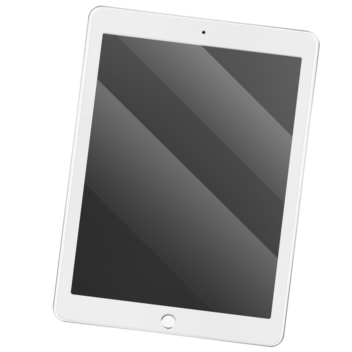 Een witte tablet met een zwart scherm met diagonale grijze strepen. Bovenin is een kleine camera zichtbaar.