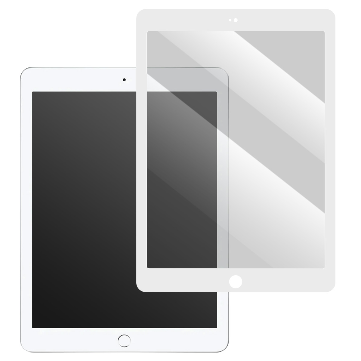 Twee witte tablets, waarvan één gedeeltelijk over de andere heen ligt. Beide hebben zwarte schermen en afgeronde hoeken. Eén heeft een schermbeschermer.