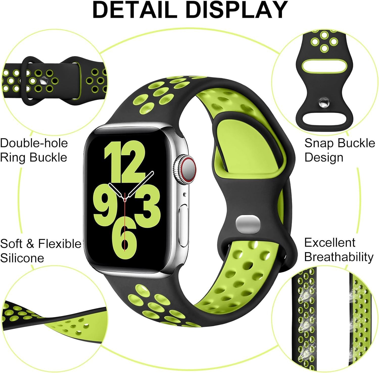 Eine Apple Watch mit einem schwarzen und lindgrünen Armband wird gezeigt. Details des Armbands umfassen eine Doppellochschließe und Atmungsaktivität.