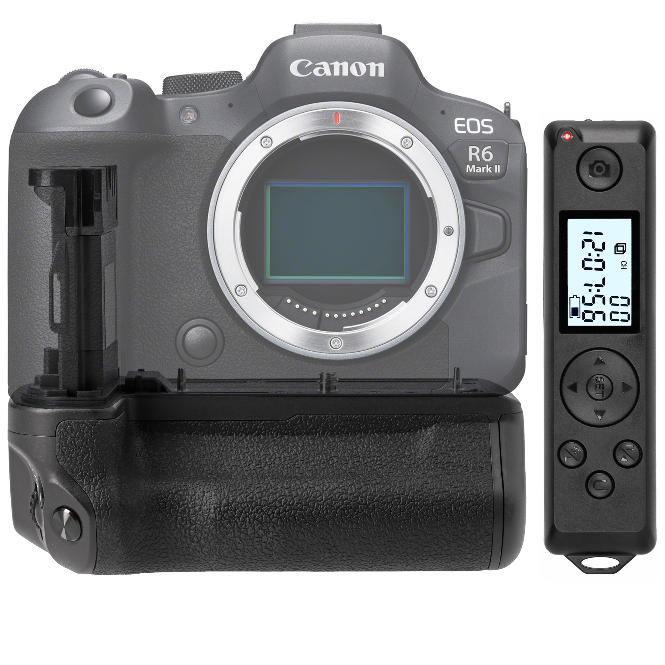 Canon EOS R6 Mark II Kamera mit Batteriegriff und Fernbedienung. Kamera grau, Griff und Fernbedienung schwarz.