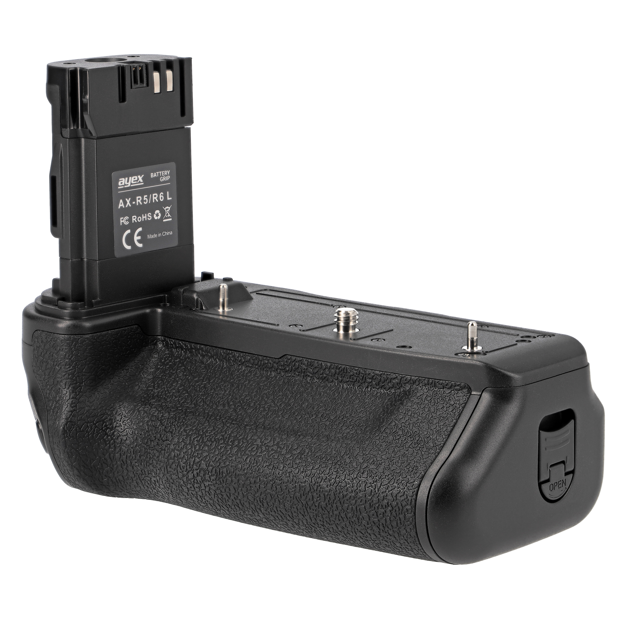 Ein schwarzer Batteriegriff für eine Kamera mit der Marke 'ayex' sichtbar. Es ist auf weißem Hintergrund.