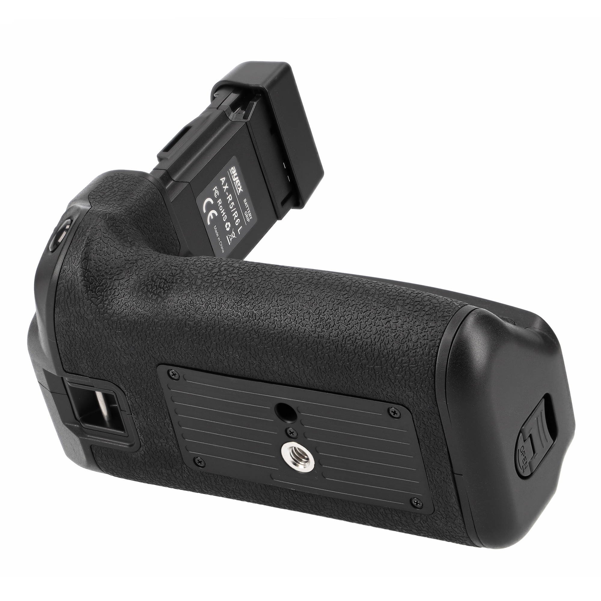 Ein schwarzer Kamerabatteriegriff auf weißem Hintergrund. Es hat einen strukturierten Griff und ein Batteriefach.