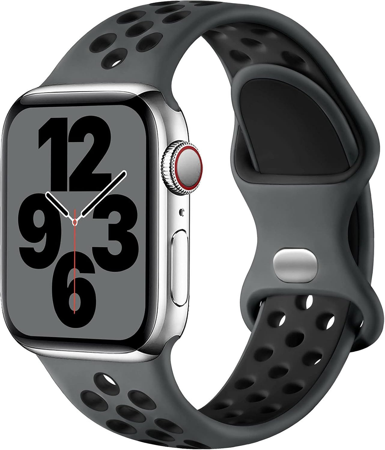Eine silberne Apple Watch mit grauem Sportarmband. Das Zifferblatt zeigt die Uhrzeit. Das Band hat Löcher zur Belüftung.