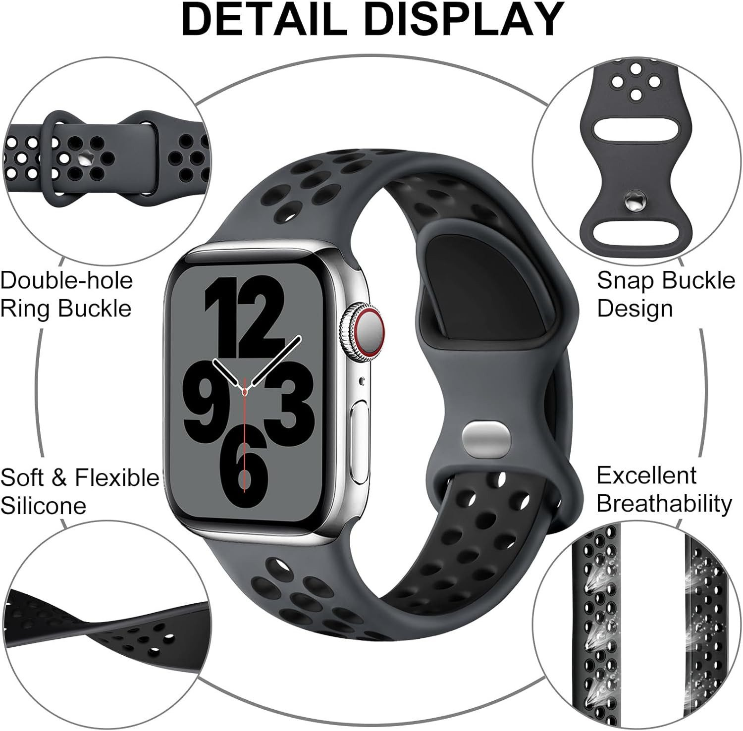 Eine Apple Watch mit grauem Armband. Details sind Doppelloch-Ringschnalle, Schnappverschluss und hervorragende Atmungsaktivität.