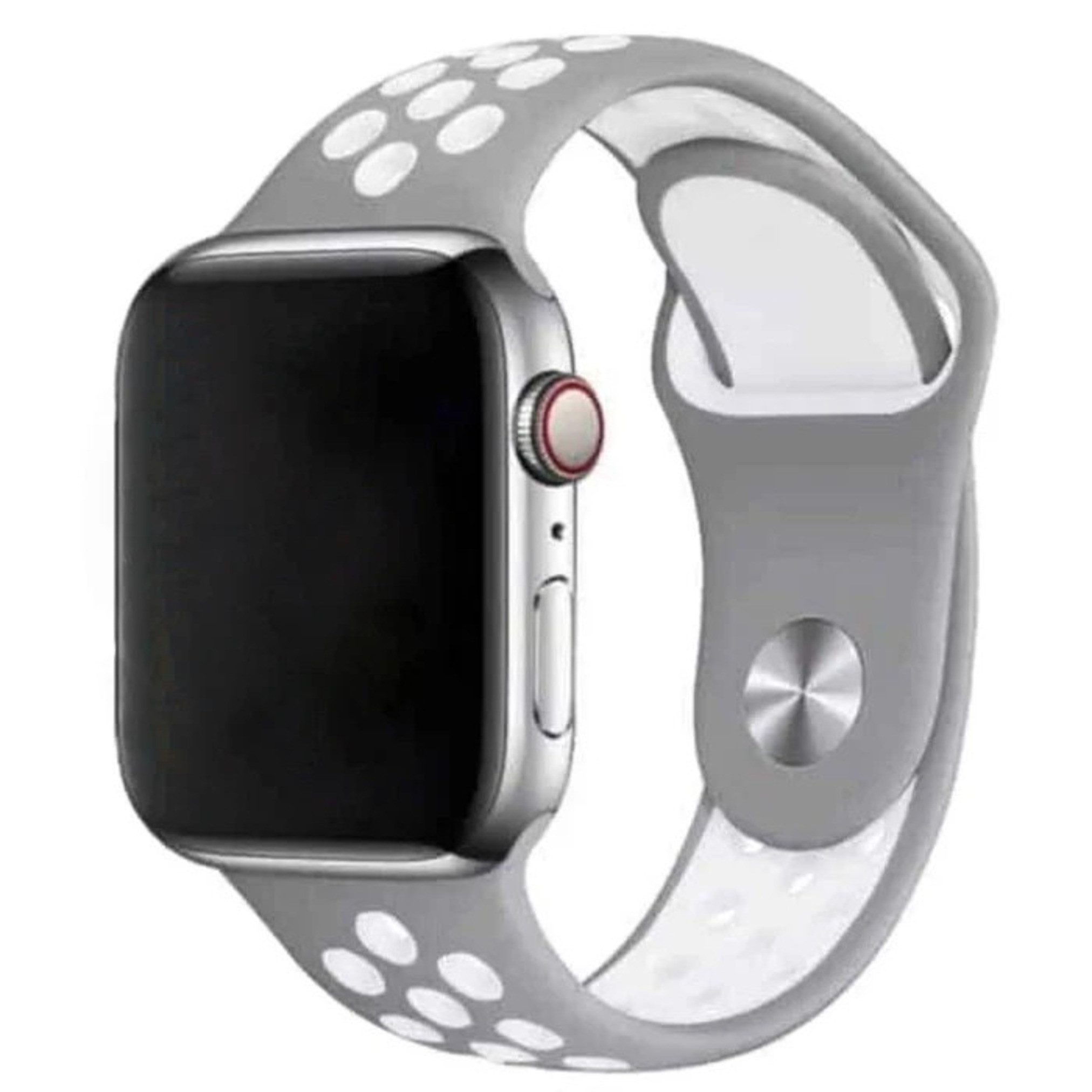 Eine silberne Apple Watch mit schwarzem Bildschirm und grauem Band mit weißen Punkten. Die Uhr ist angewinkelt und zeigt die Seitentaste.
