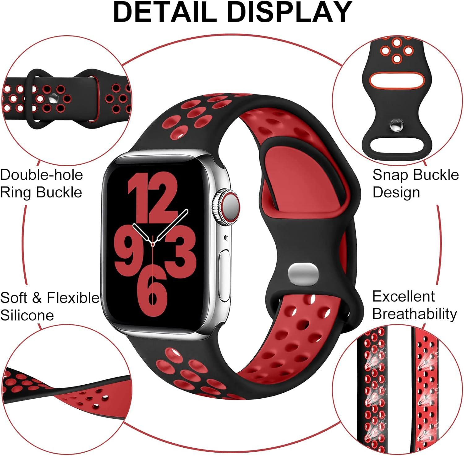 Ein schwarz-rotes Uhrenarmband wird gezeigt, mit Details zu Schnalle, Atmungsaktivität und Flexibilität. Das Zifferblatt zeigt die Uhrzeit an.