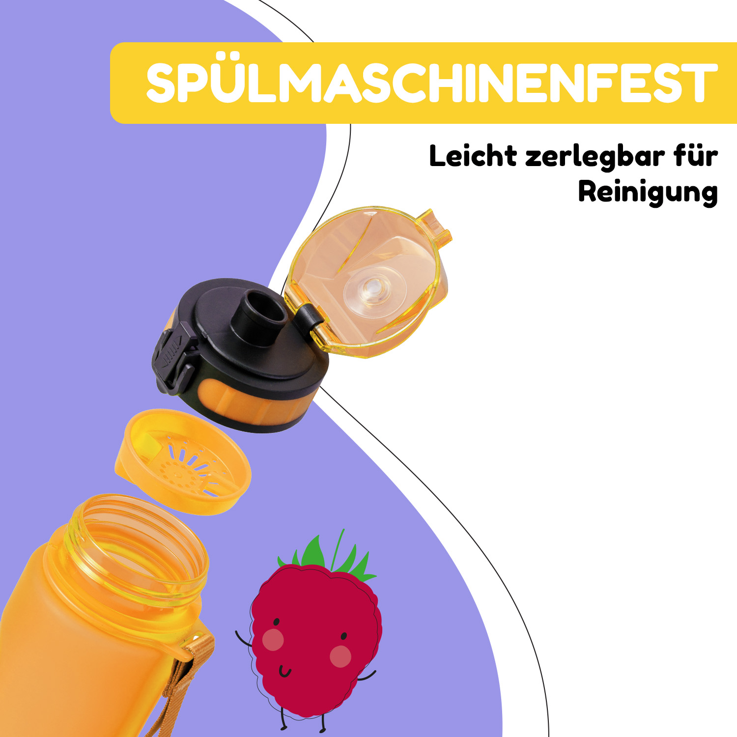 Bottiglia d'acqua gialla smontata, con un cartone animato di lampone rosso. Testo: 'Spülmaschinenfest' e 'Leicht zerlegbar für Reinigung'.
