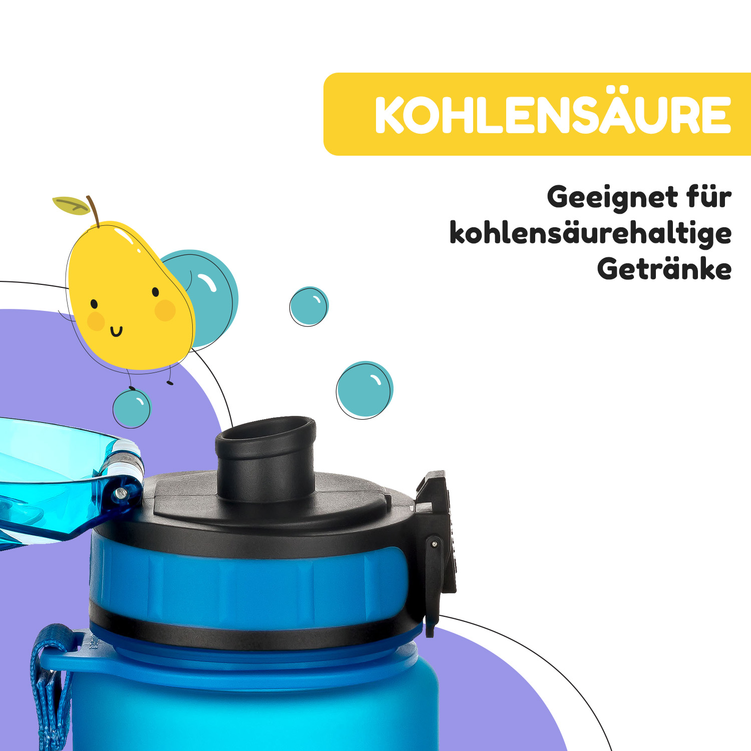 Borraccia blu con tappo nero e blu, testo giallo: Kohlensäure. Pera e bolle dei cartoni animati.