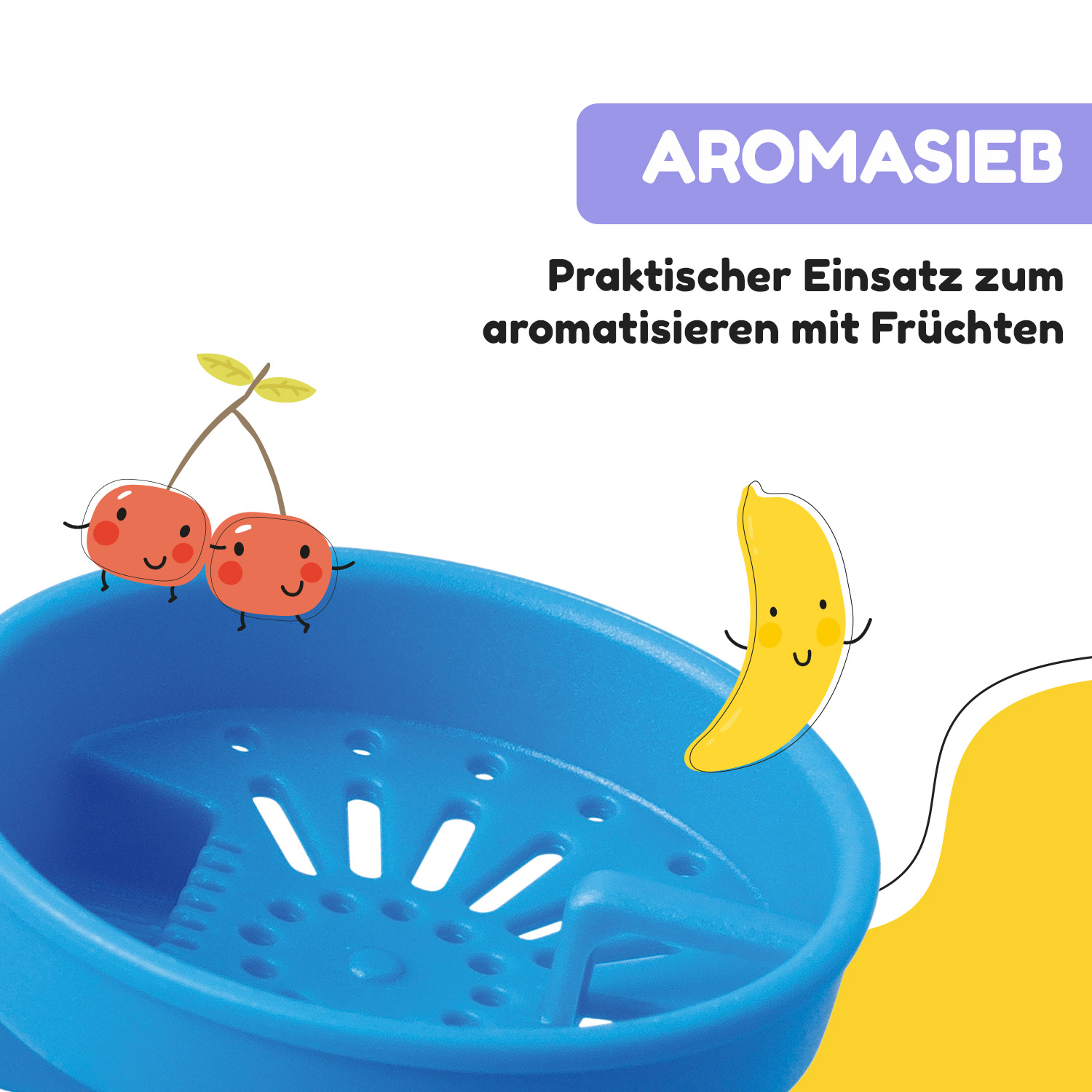 Un infusore di frutta blu con ciliegie e una banana dei cartoni animati. Il testo dice 'AROMASIEB' e 'Uso pratico per aromatizzare con la frutta'.