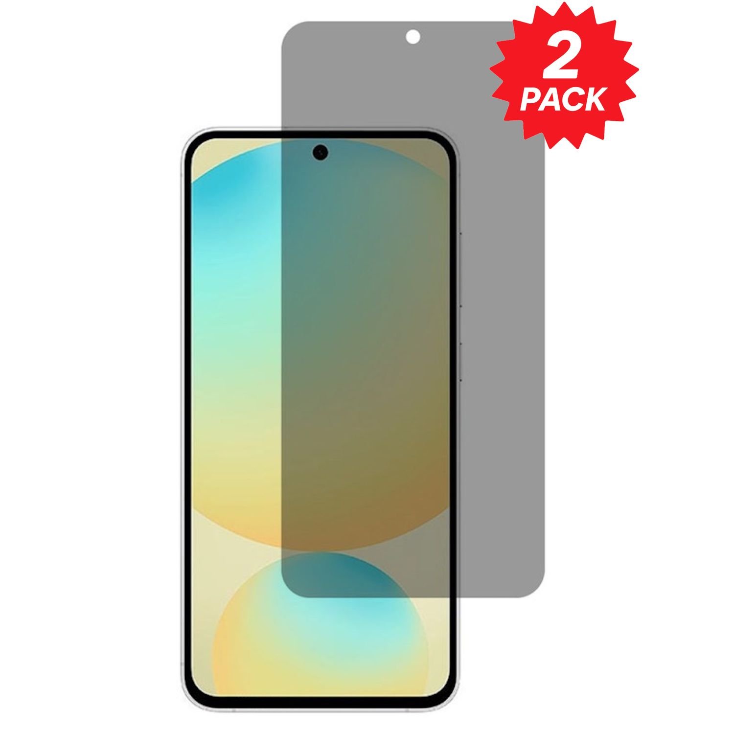 Ein Smartphone mit Displayschutzfolie, der Bildschirm zeigt einen bunten Hintergrund, und ein roter "2er-Pack"-Aufkleber befindet sich im Hintergrund.