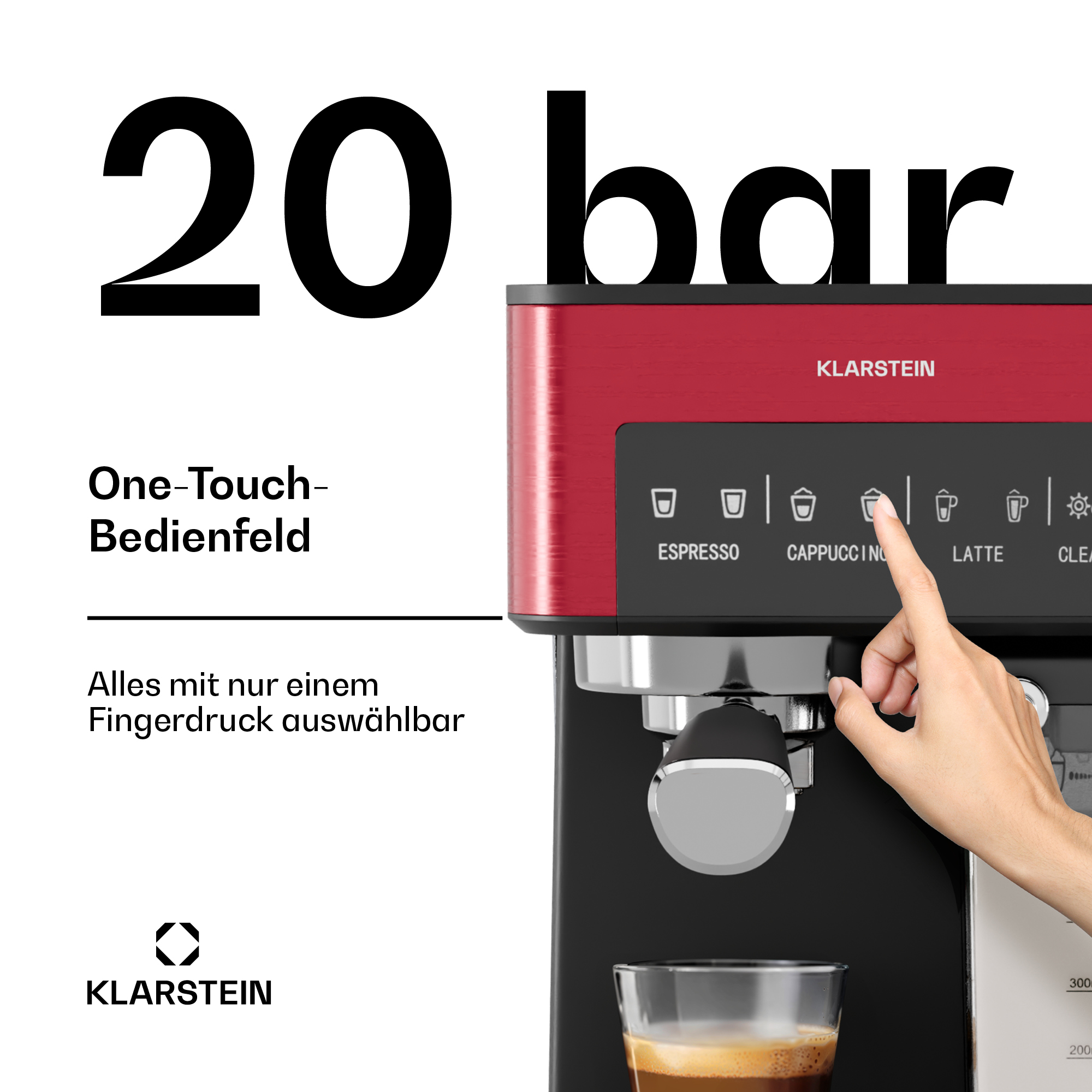 Eine rot-schwarze Klarstein Espressomaschine, eine Hand drückt eine Taste. Text lautet 20 bar und One-Touch-Bedienfeld.