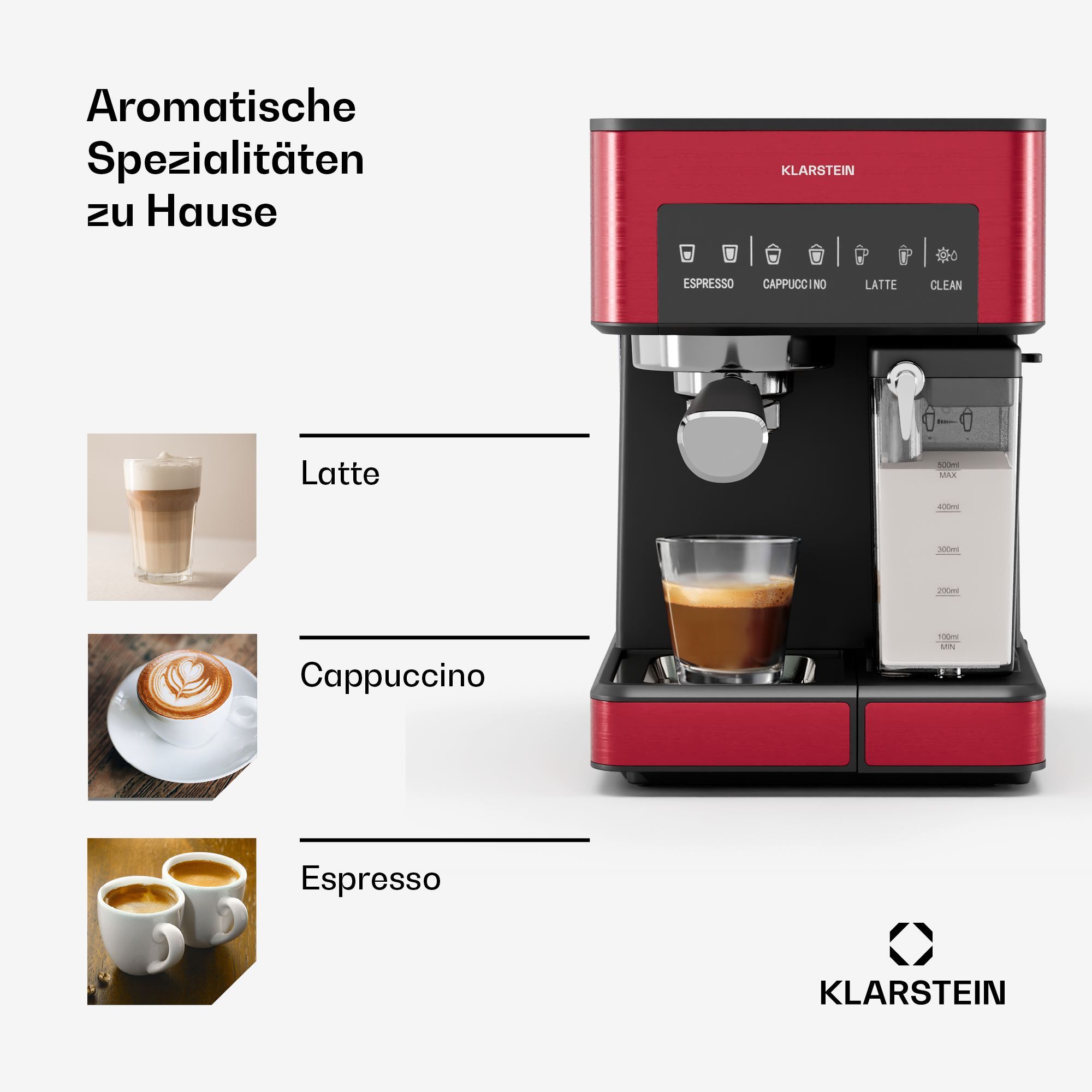 Eine rote Kaffeemaschine mit angezeigten Kaffeeoptionen. Latte, Cappuccino und Espresso Tassen sind ebenfalls abgebildet.