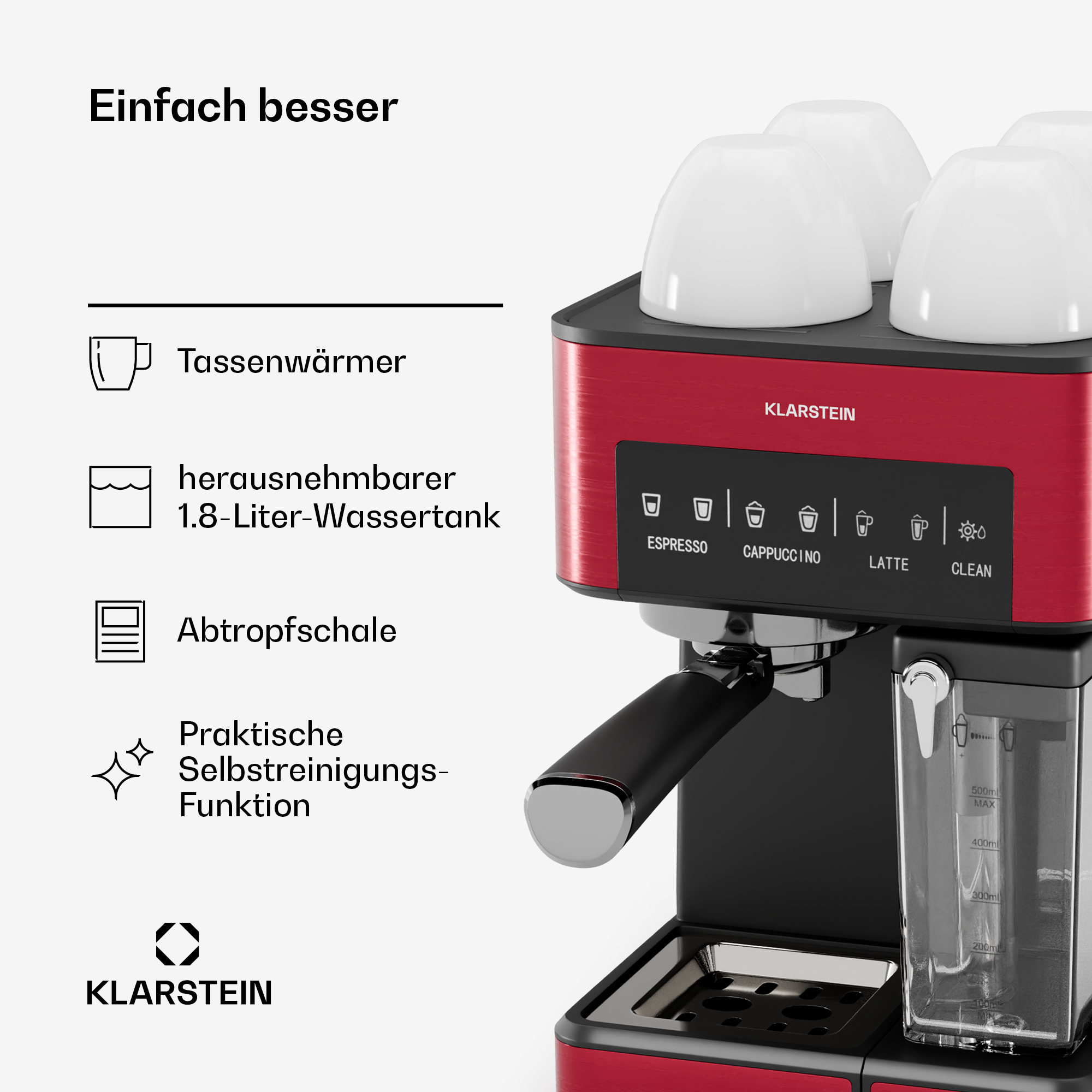 Rote und schwarze Espressomaschine mit weißen Tassen. Funktionen: Espresso, Cappuccino, Latte und Wassertank.