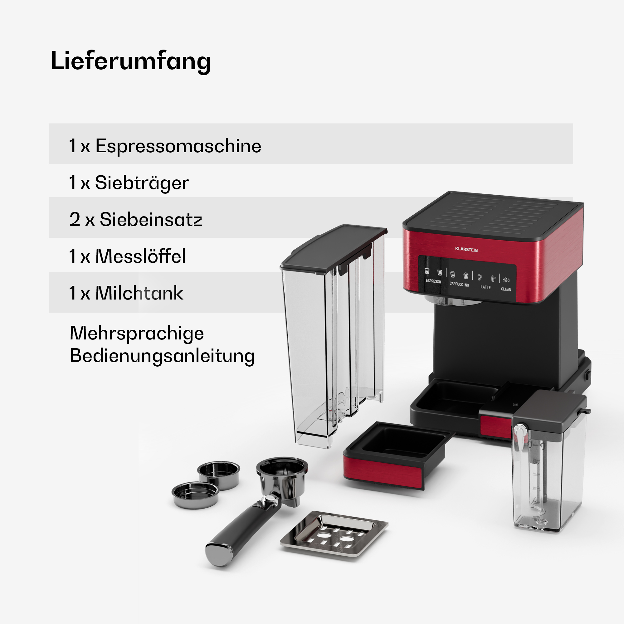 Explosionszeichnung einer rot-schwarzen Espressomaschine und ihrer Komponenten, einschließlich Milchtank, Siebträger und Filter.