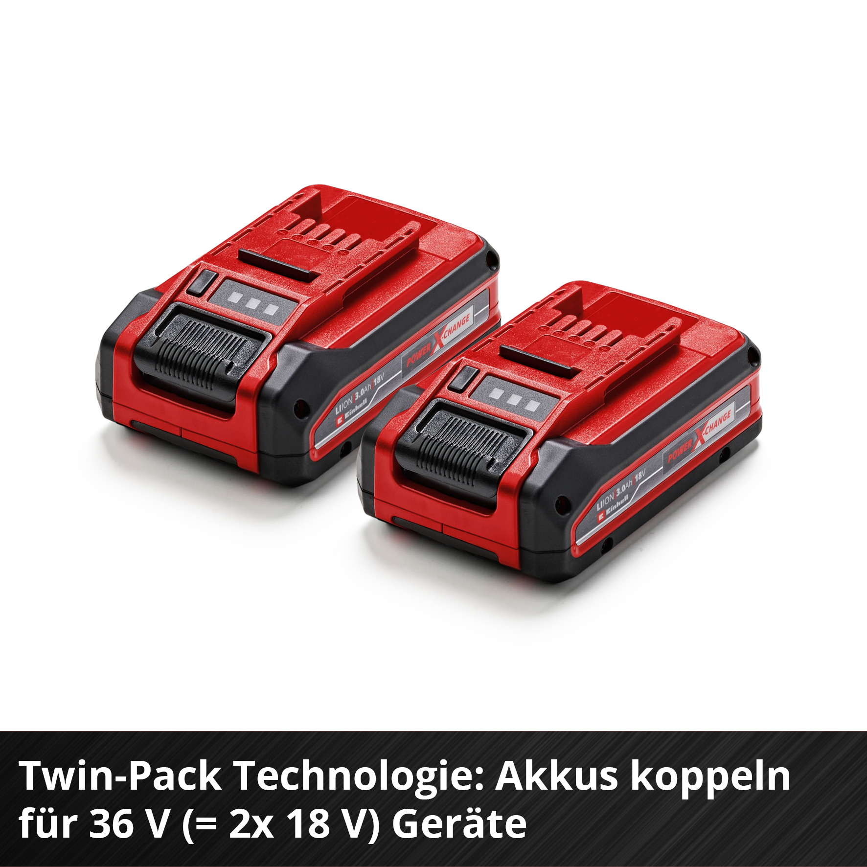 Due batterie rosse e nere per utensili elettrici su una superficie bianca. Testo in basso: Twin-Pack Technologie: Akkus koppeln für 36 V.