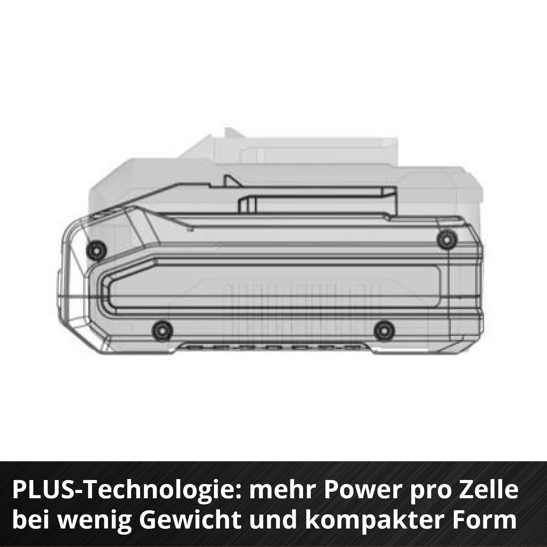 È mostrato un pacco batteria grigio. È un disegno tecnico con sfondo bianco. Il testo in basso recita PLUS-Tecnologia.