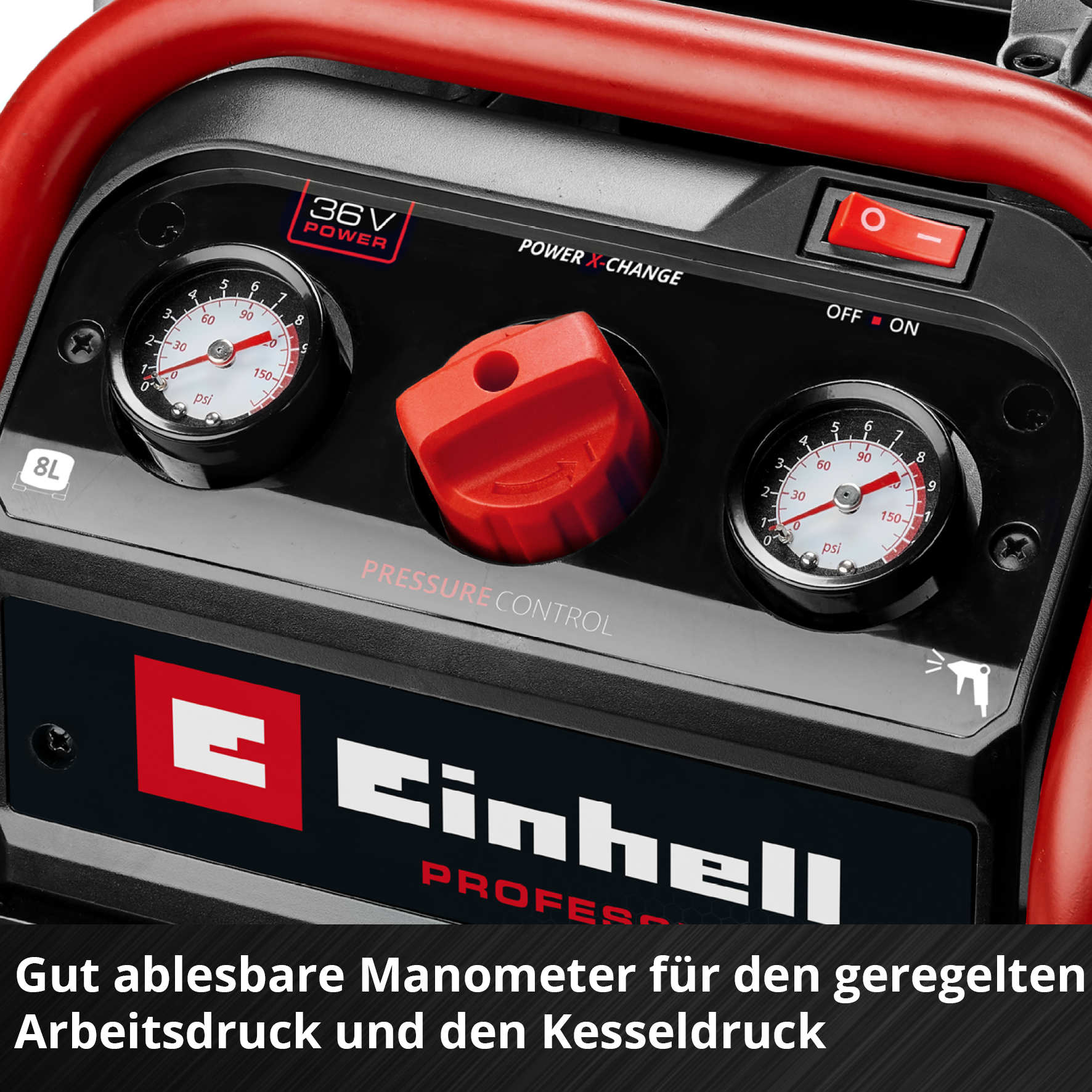 Un compressore d'aria con manometri, una manopola di controllo della pressione e un interruttore on/off. Visibile il logo Einhell.