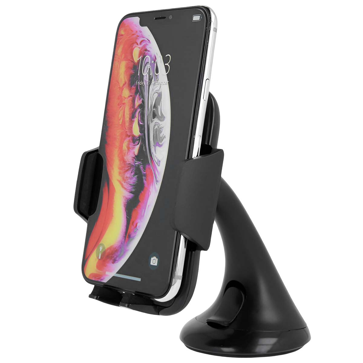 Un soporte negro para teléfono con un teléfono inteligente que muestra un fondo colorido. El soporte está conectado a una base. El teléfono está en el soporte.