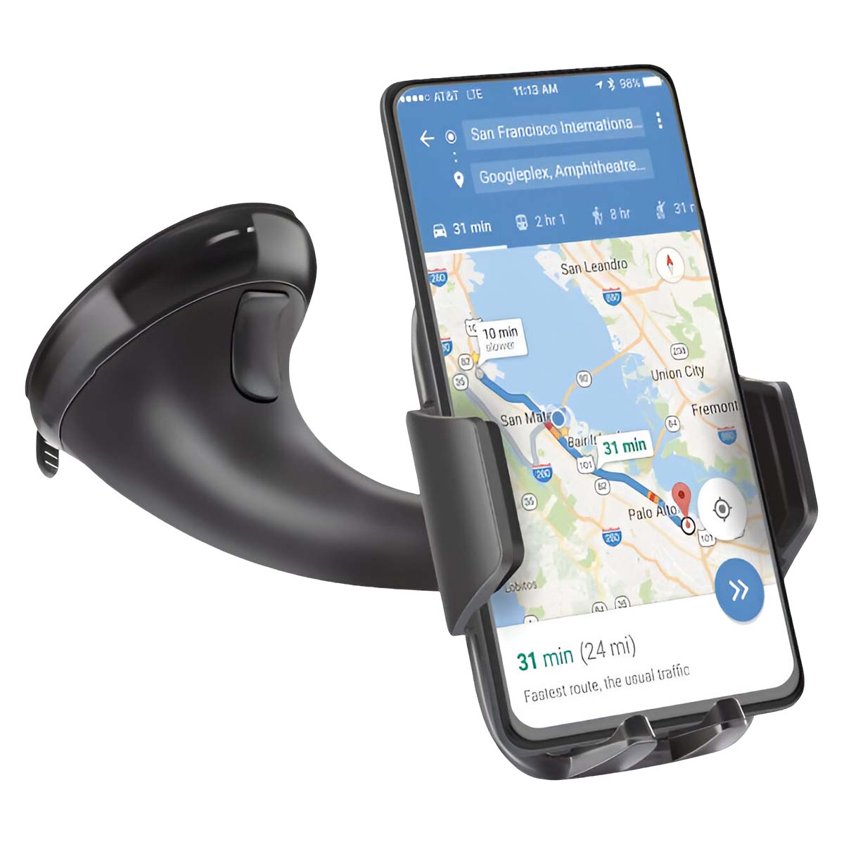 Un teléfono con una aplicación de navegación está montado en un soporte negro para automóvil. El teléfono muestra un mapa con una ruta resaltada.