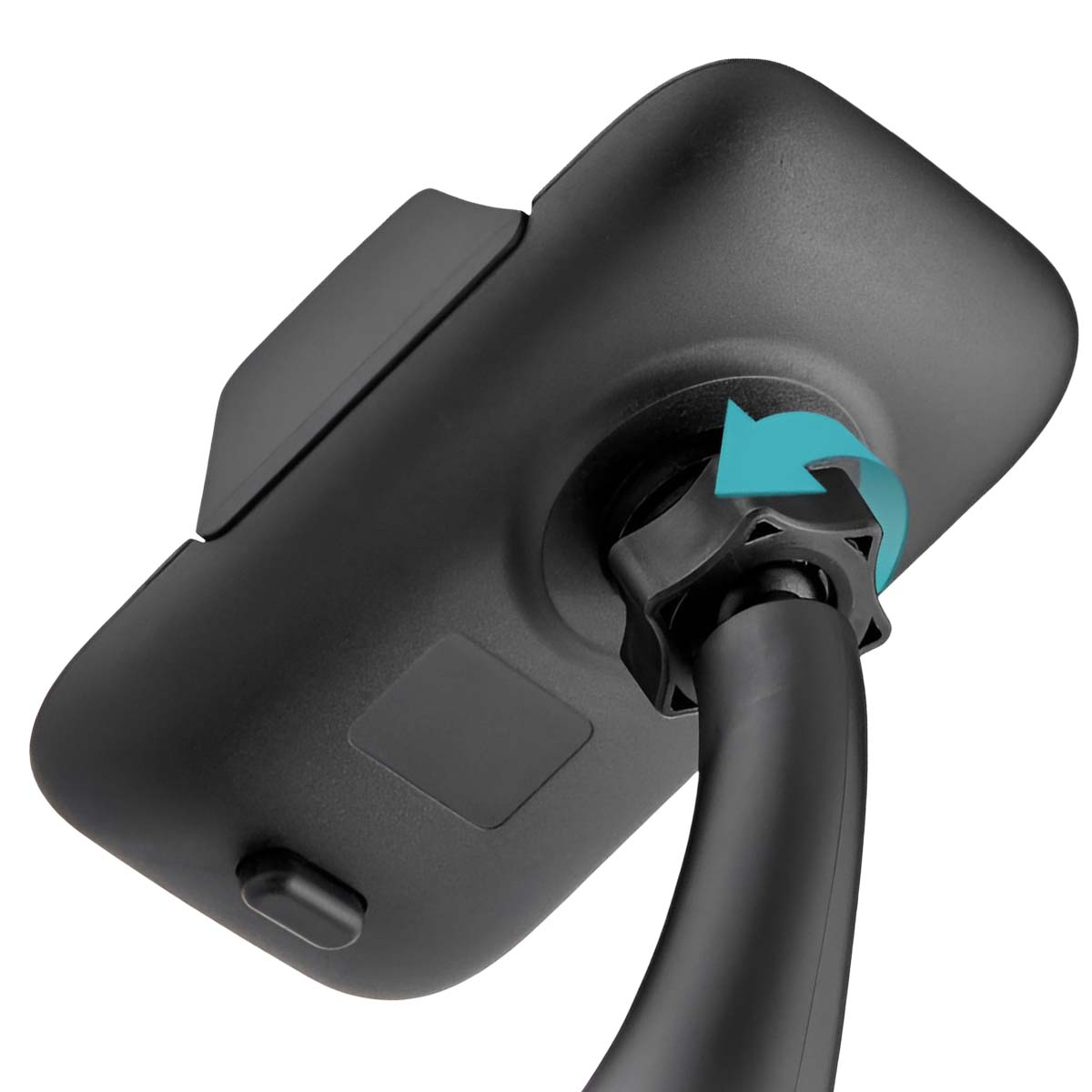 Un soporte negro para teléfono de coche. Una flecha azul indica la rotación. El soporte tiene un botón y una perilla en forma de estrella.