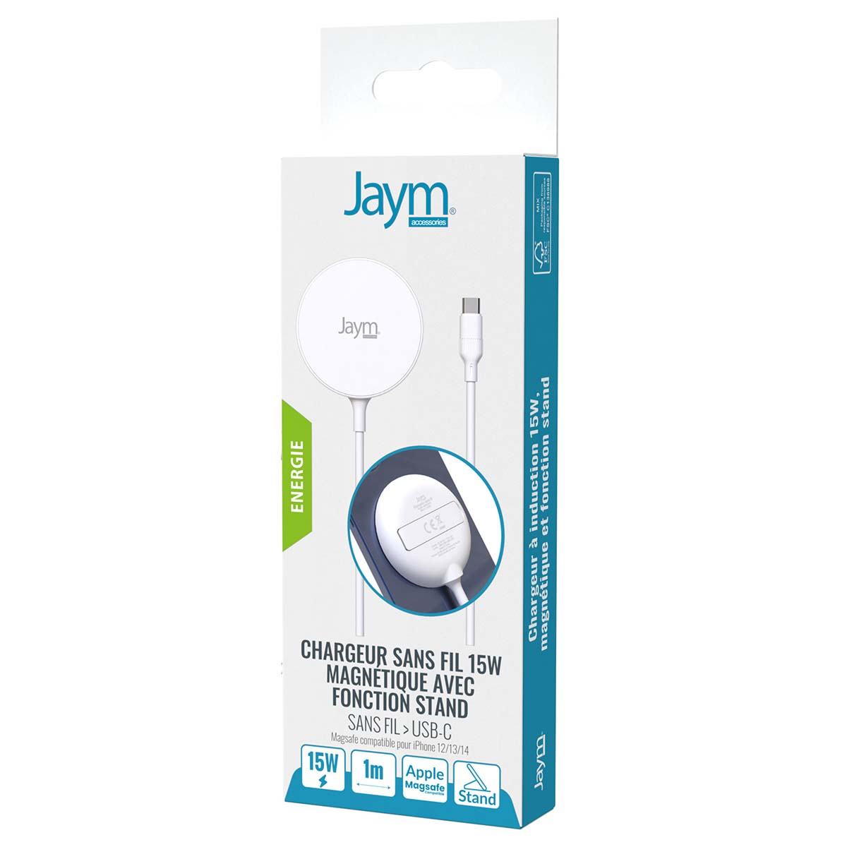 Eine weiße Jaym-Box für kabelloses Laden mit Produktbild, Beschreibungen auf Französisch und Englisch und einem 15W MagSafe-Ladegerät.