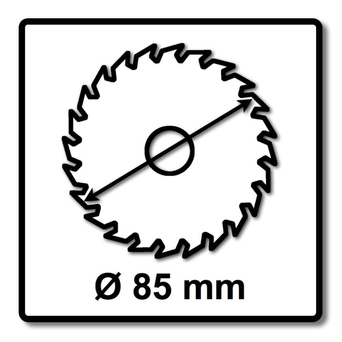 Ein Kreissägeblatt-Symbol. Es hat einen schwarzen Umriss, einen schwarzen Kreis in der Mitte, einen Durchmesser von 85 mm und einen schwarzen Pfeil.