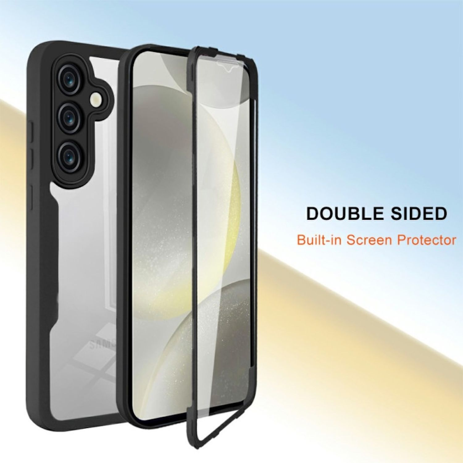Eine Handyhülle mit integriertem Displayschutz. Schwarzer Rahmen, transparente Rückseite und die Worte 'DOUBLE SIDED Built-in Screen Protector'.