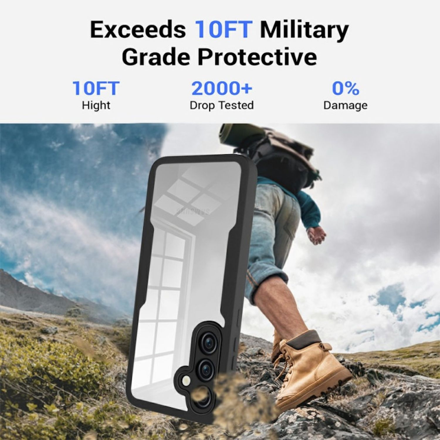 Eine Handyhülle wird mit einer Person im Hintergrund, die wandert, hochgehalten. Der Text oben lautet 'Exceeds 10FT Military Grade Protective'.