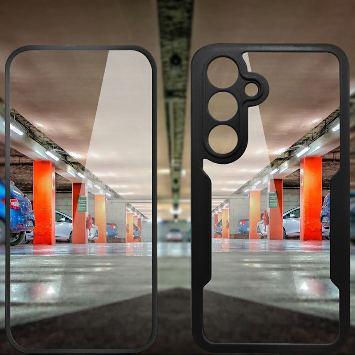 Handyhülle mit Parkhaus. Autos parken. Säulen sind orange. Die Hülle hat einen schwarzen Rahmen und Kameraausschnitte.
