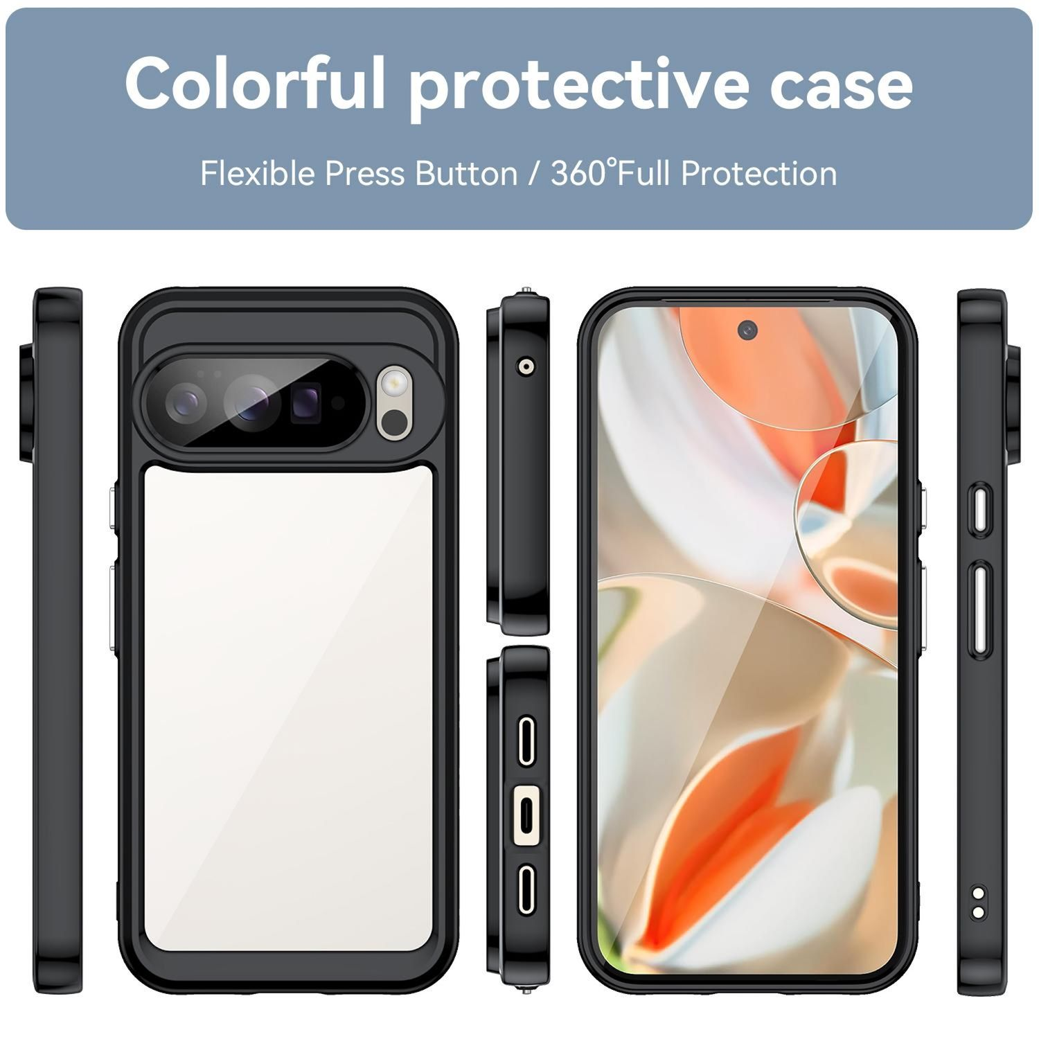 Una funda negra para teléfono con parte trasera transparente se muestra desde múltiples ángulos. Tiene un diseño protector y un recorte para la cámara.