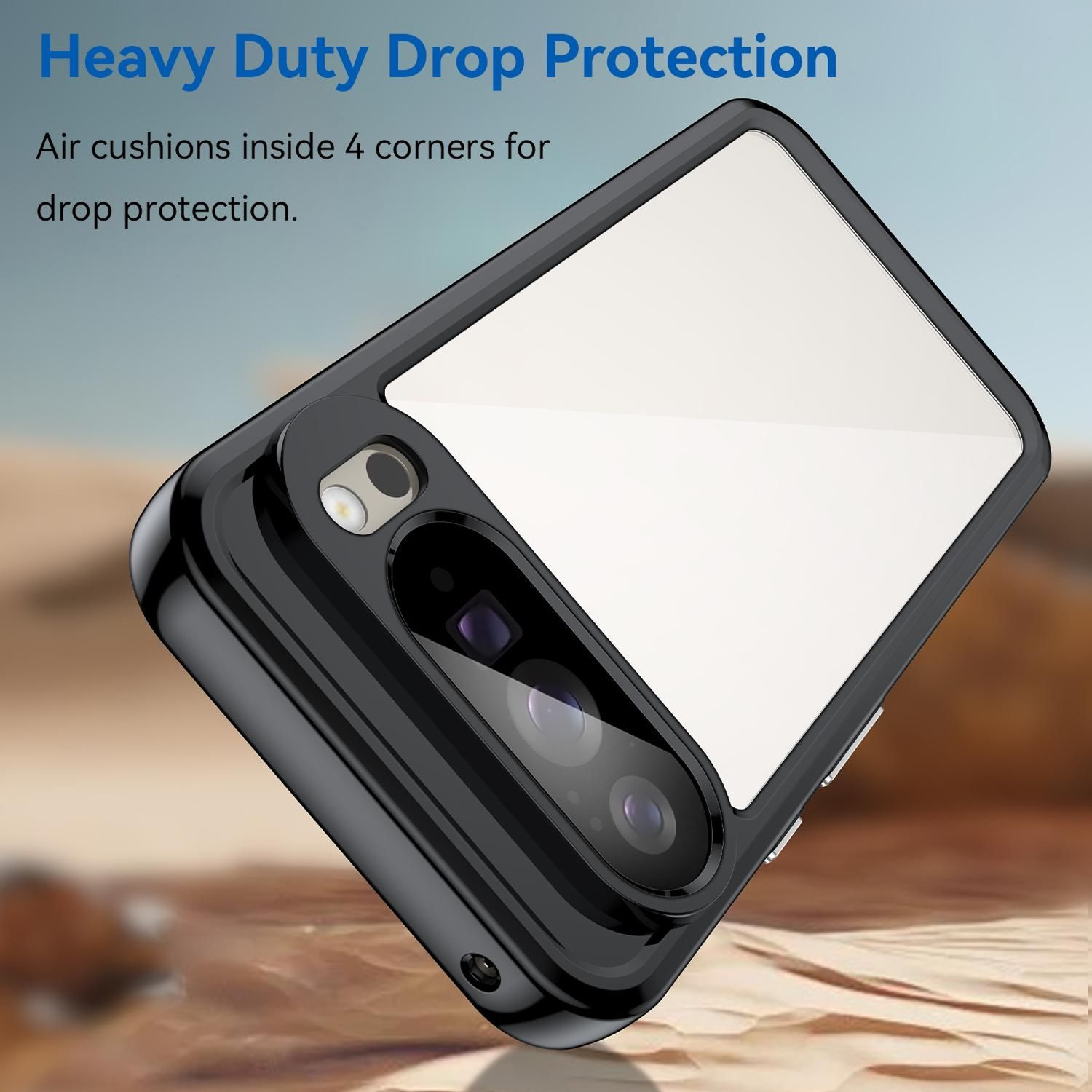 Funda negra para teléfono con protector de pantalla transparente. Tiene cojines de aire para protección contra caídas. El fondo está borroso.