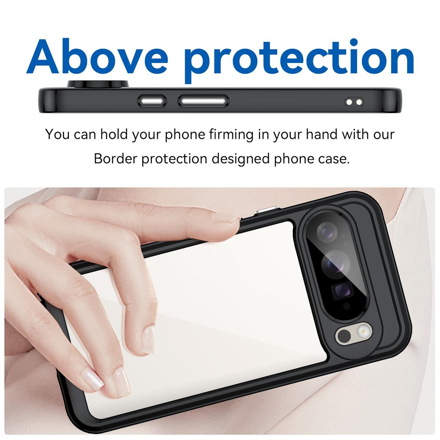 Una mano sostiene una funda negra con el texto 'Above protection'. La funda protege el borde y la cámara del teléfono.