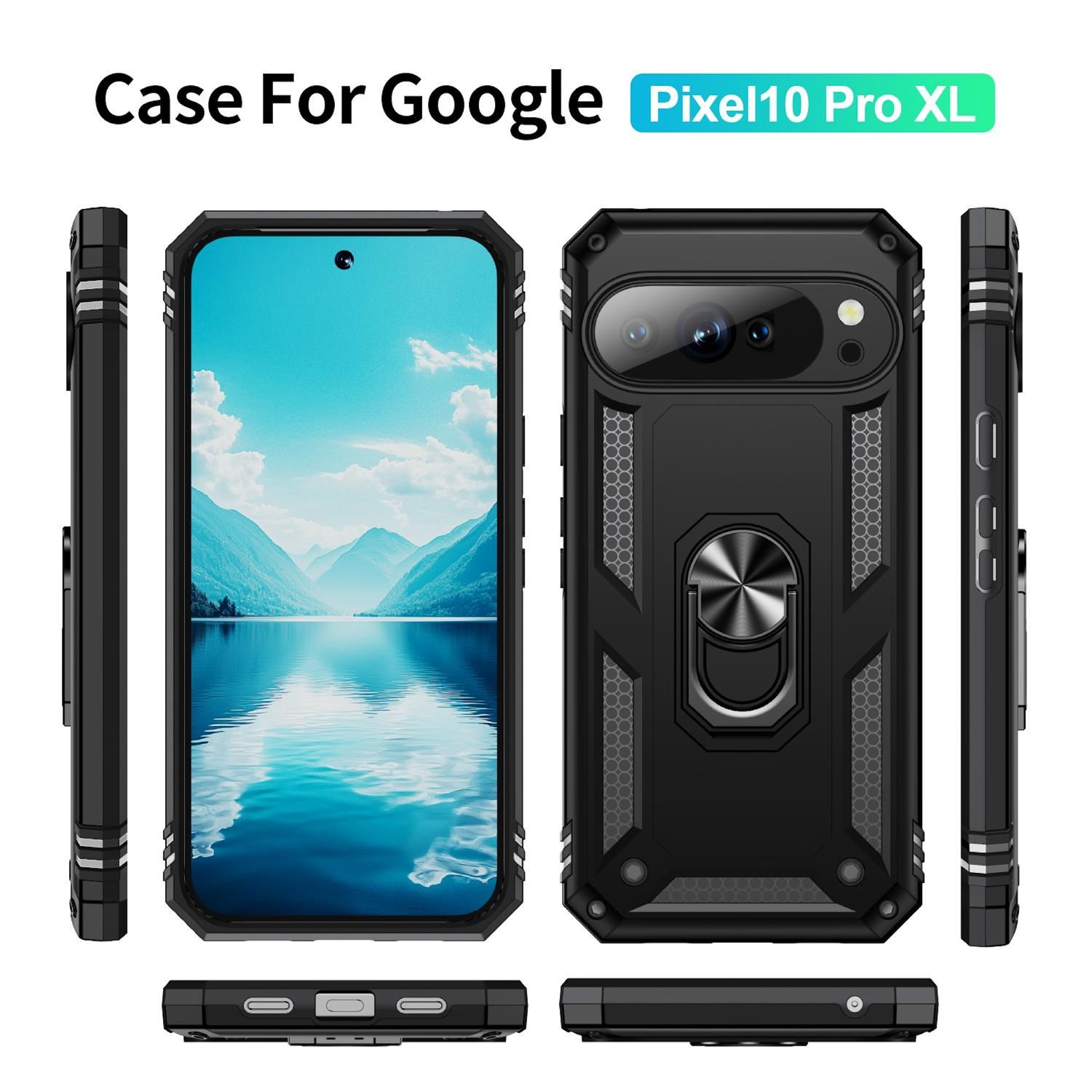 Schwarze Handyhülle für Pixel10 Pro XL. Zeigt Vorder-, Rück- und Seitenansichten und präsentiert das Design mit einem Ringhalter und Kameraausschnitt.