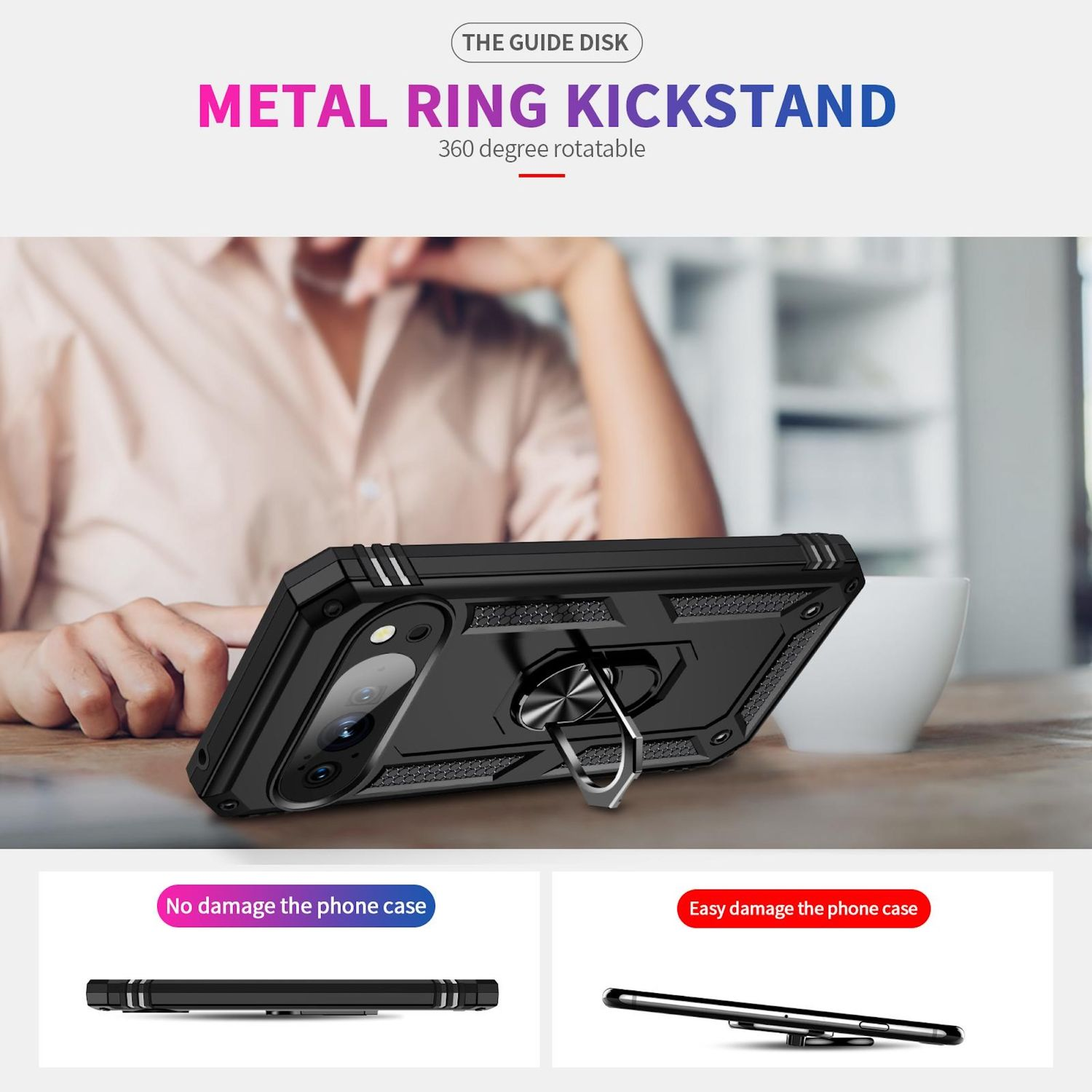 Eine schwarze Handyhülle mit einem Metallring-Ständer liegt auf einem Tisch. Oben steht 'METAL RING KICKSTAND'. Eine Hand ruht in der Nähe des Telefons.