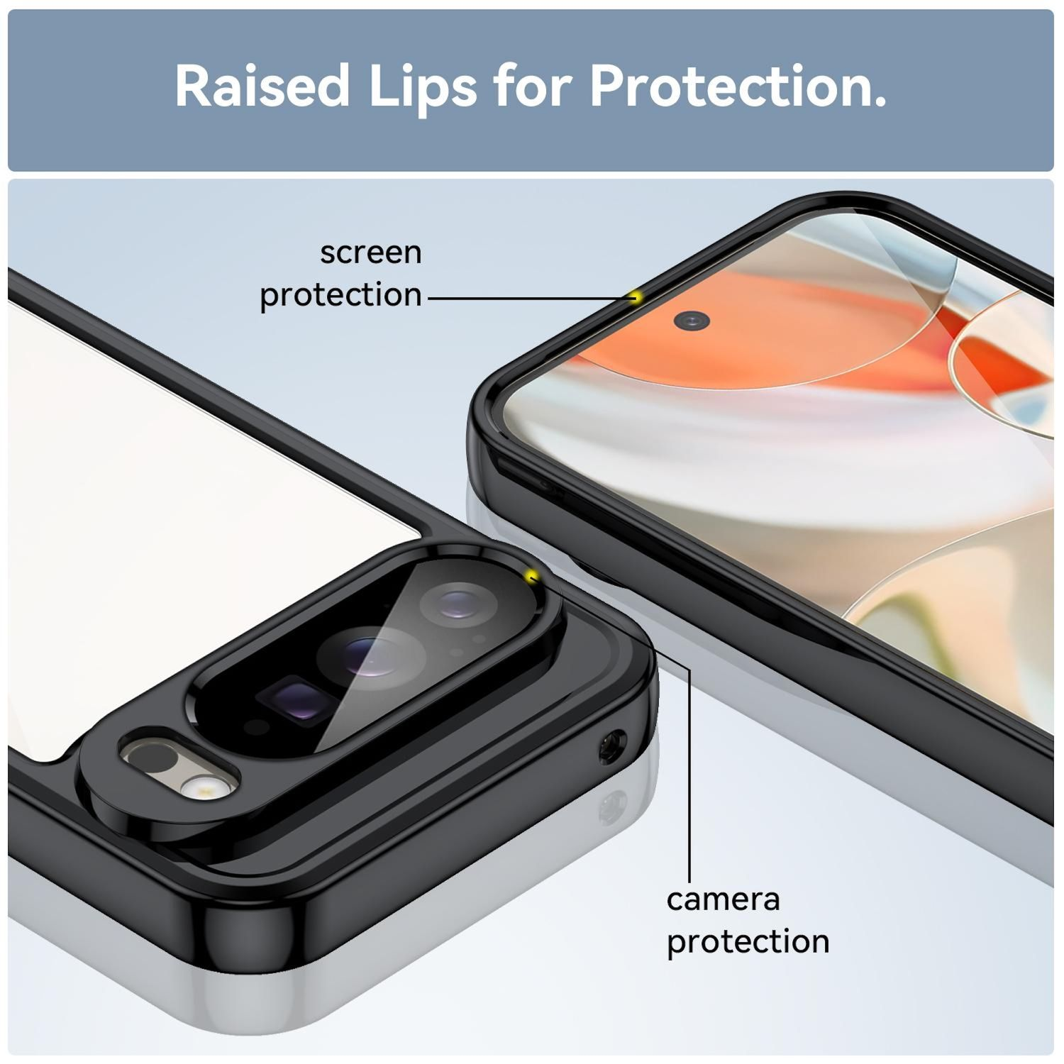 Primer plano de una funda de teléfono con bordes elevados. La funda es negra y plateada, con protección de pantalla y cámara resaltada.