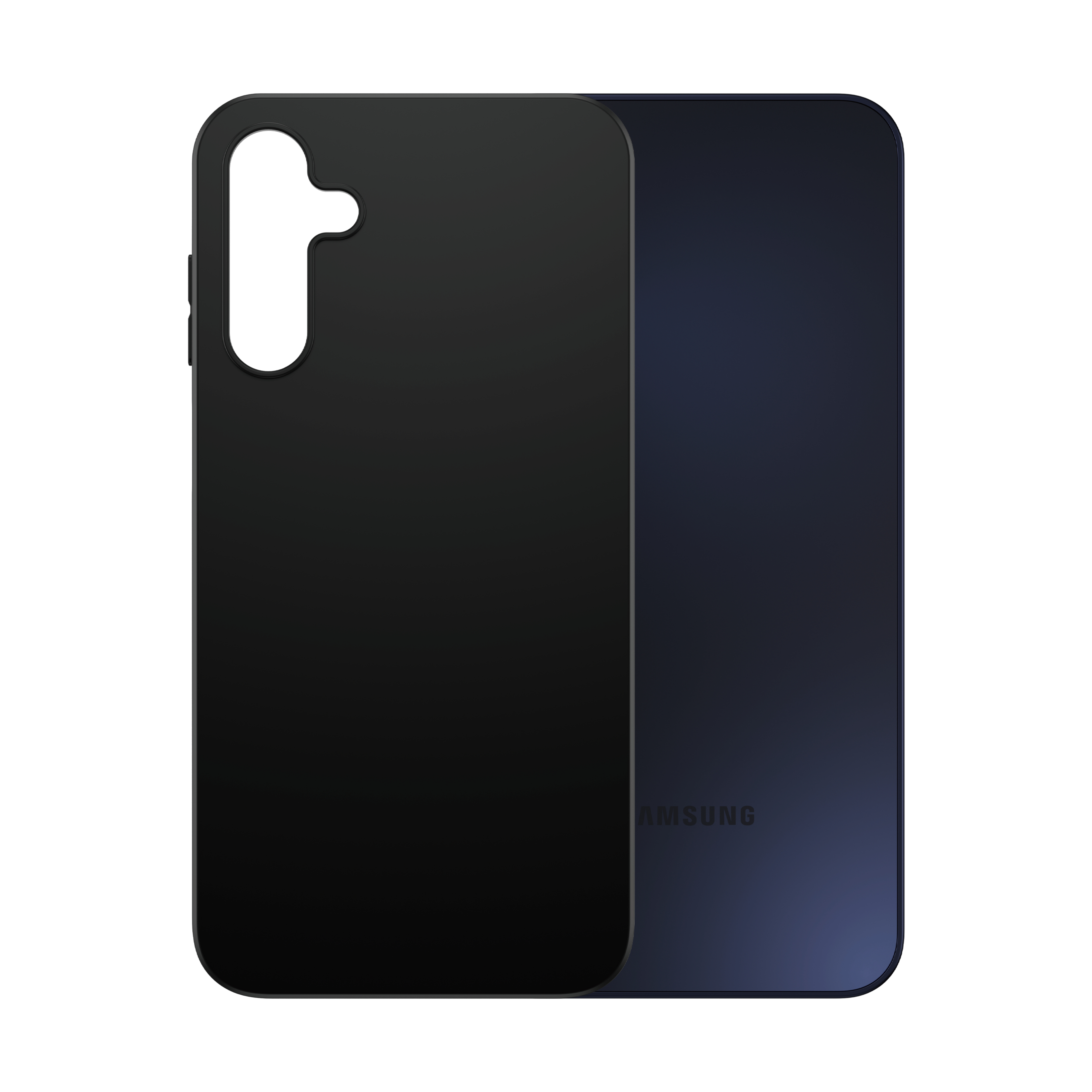 Una custodia nera copre un telefono blu scuro. La custodia ha aperture per la fotocamera e i pulsanti. Il logo Samsung è visibile.
