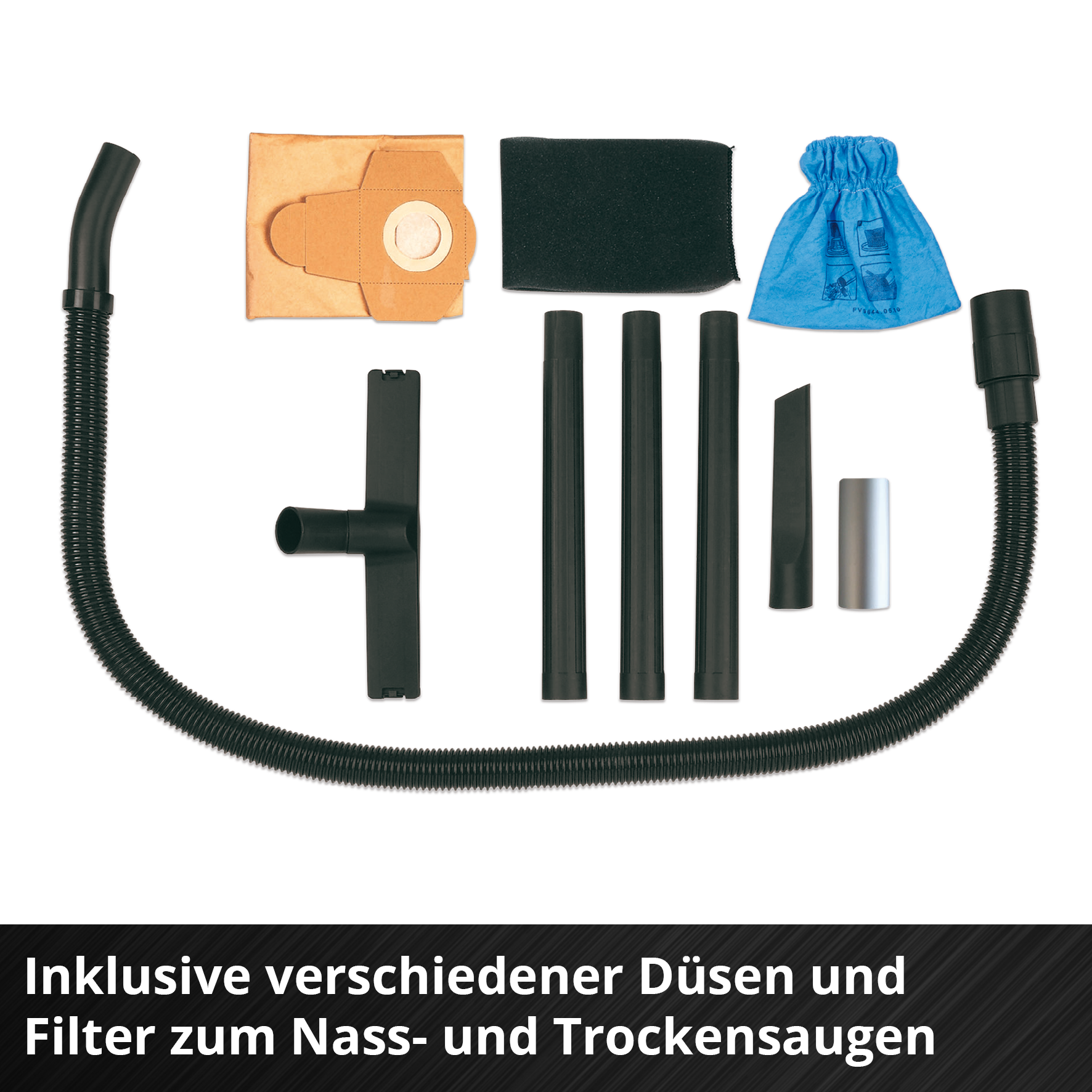 Zubehör für Staubsauger auf weißem Grund. Enthält Schläuche, Düsen, Filter und einen blauen Staubbeutel.