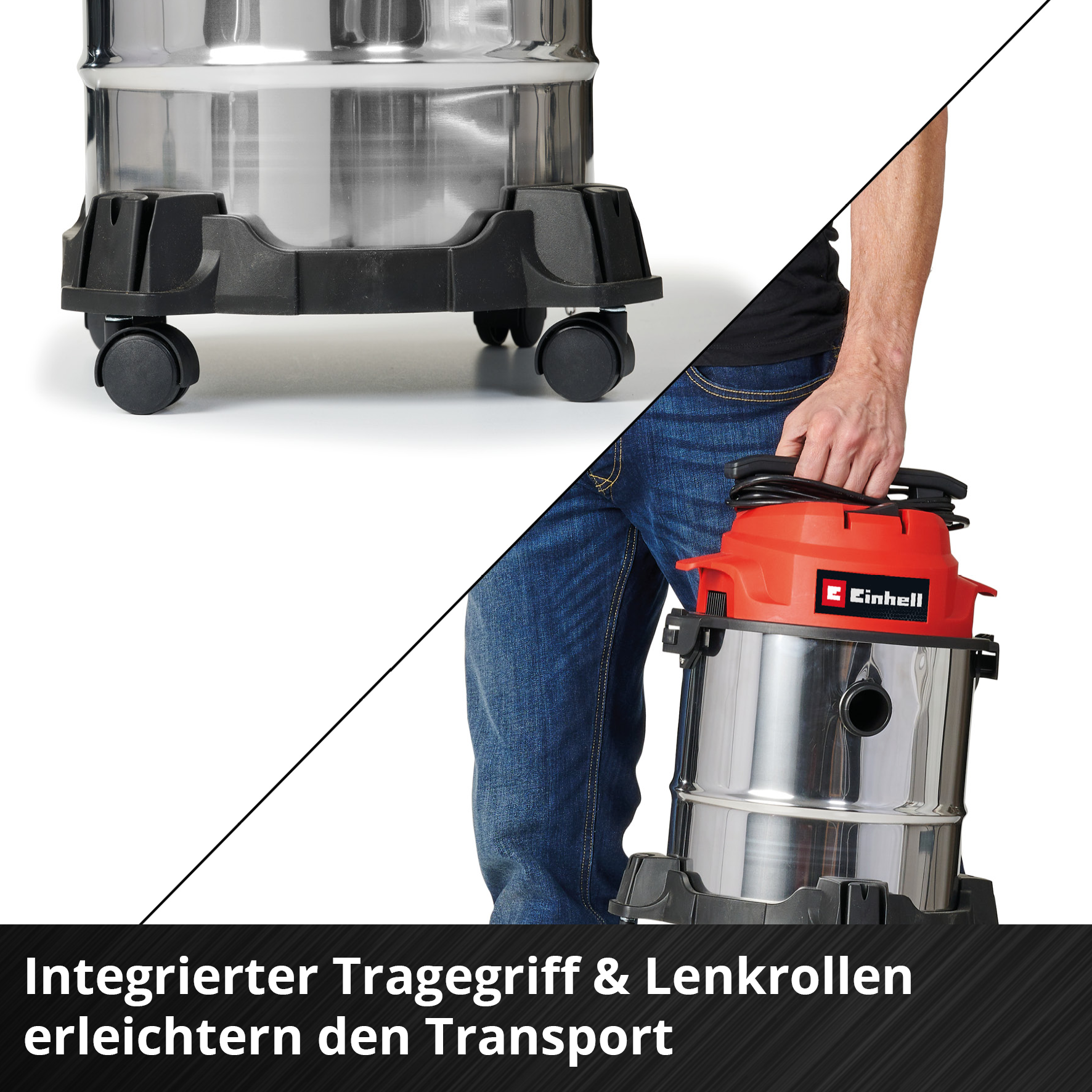 Eine Person hält einen roten und silbernen Staubsauger. Die Basis hat Räder. Der Text auf dem Bild lautet: Integrierter Griff und Rollen erleichtern den Transport.