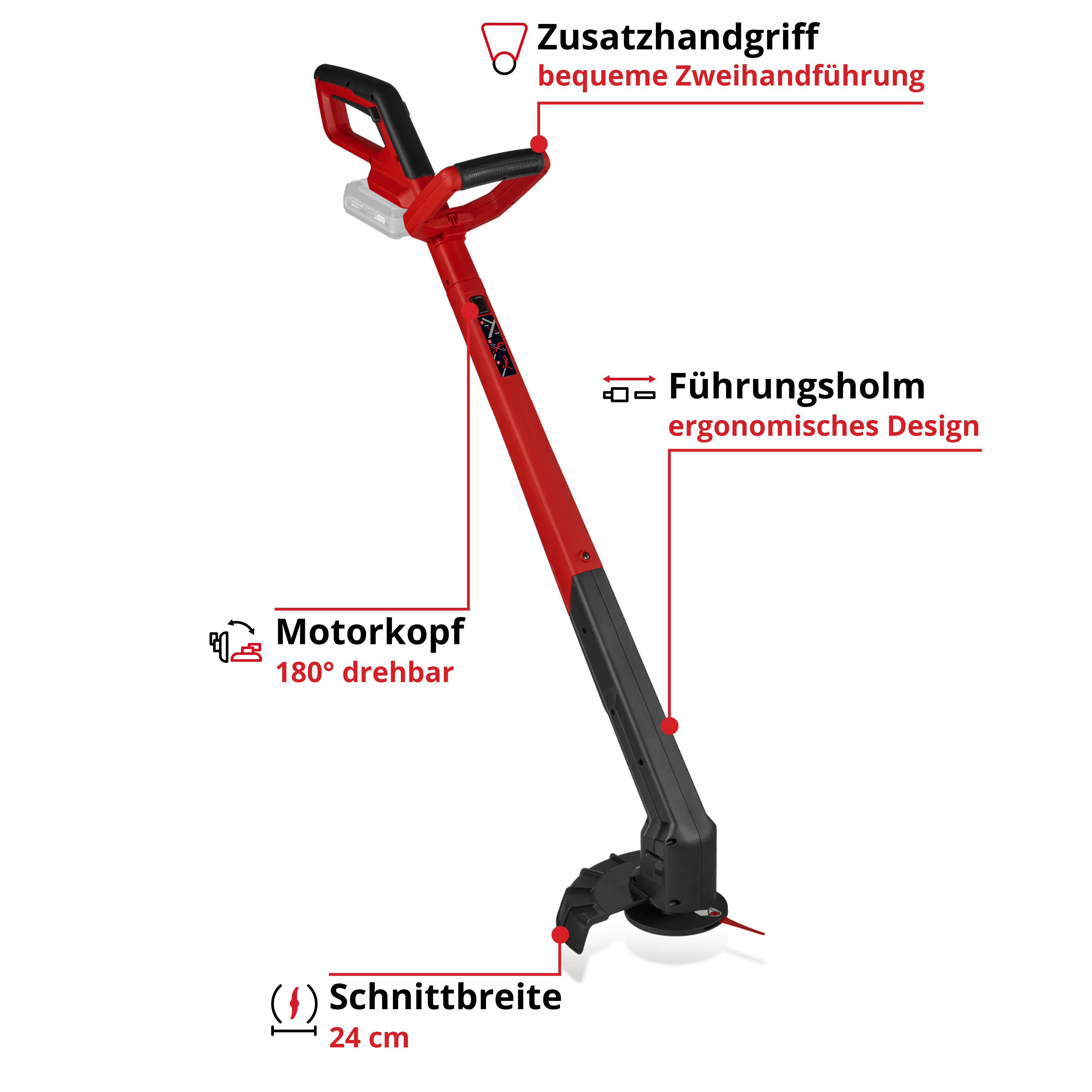 Roter und schwarzer Rasentrimmer mit beschrifteten Teilen. Er hat einen Zusatzgriff, ein ergonomisches Design und 24 cm Schnittbreite.