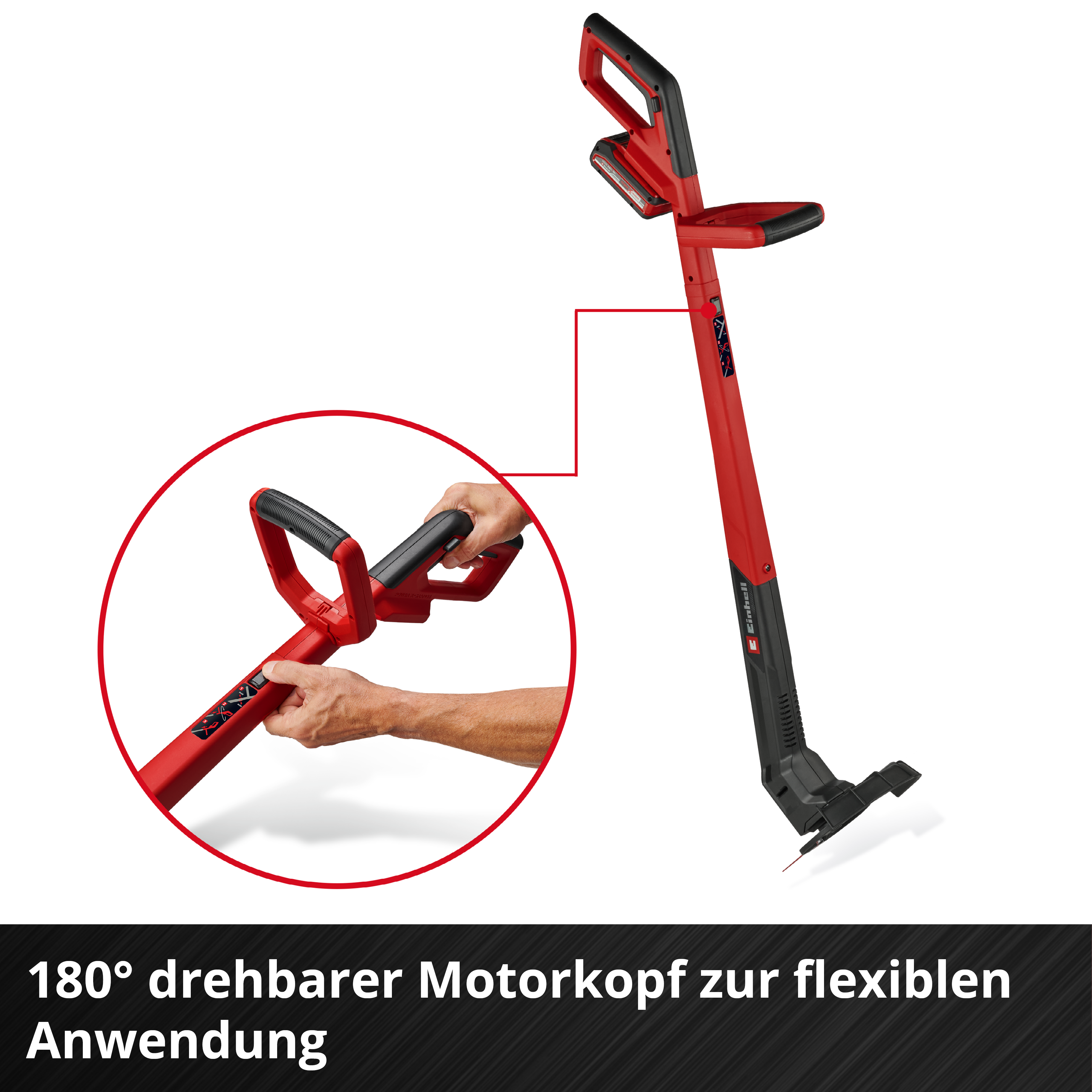 Roter und schwarzer Rasentrimmer mit einer Hand am Griff, eine rote Linie zeigt die Drehung. Text: 180° drehbarer Motorkopf.