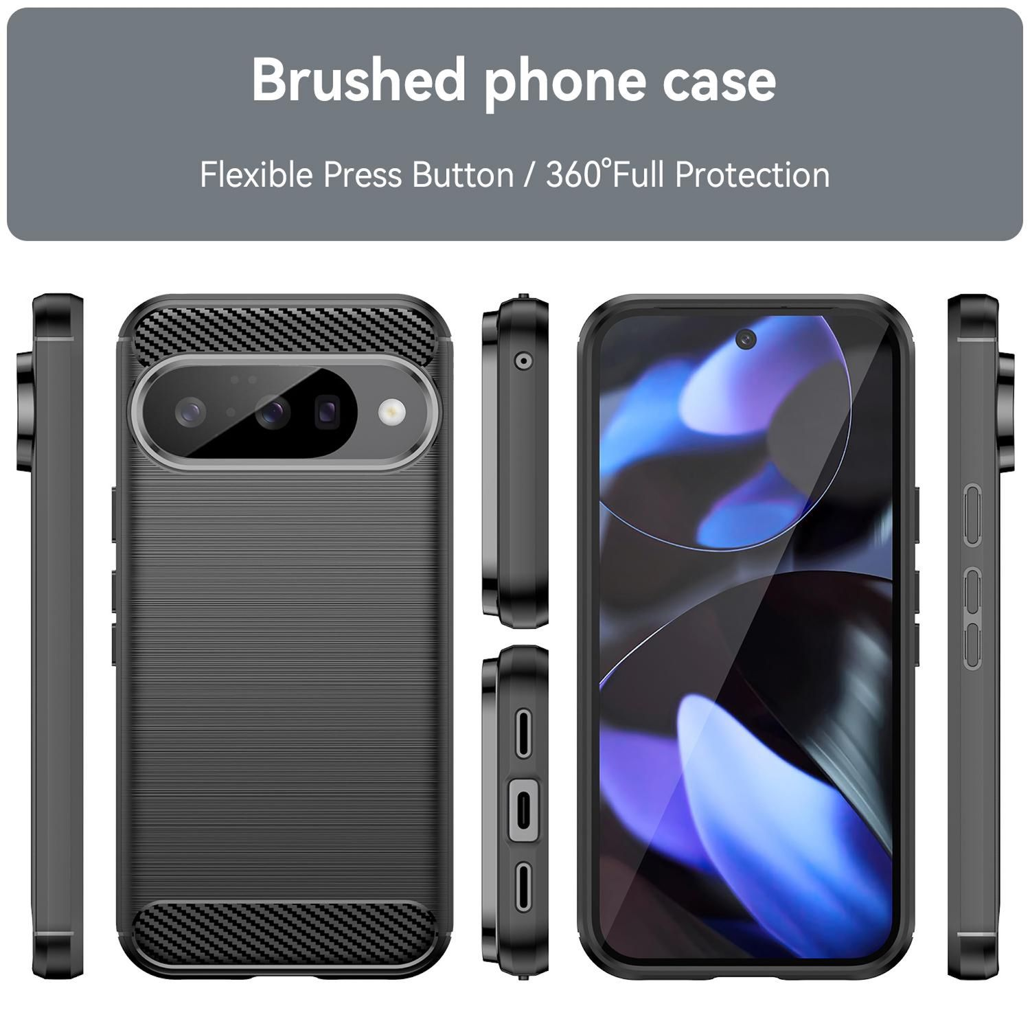 Funda de teléfono negra con textura cepillada. Muestra vistas frontal, lateral y trasera. Cuenta con botones flexibles y protección total de 360°.