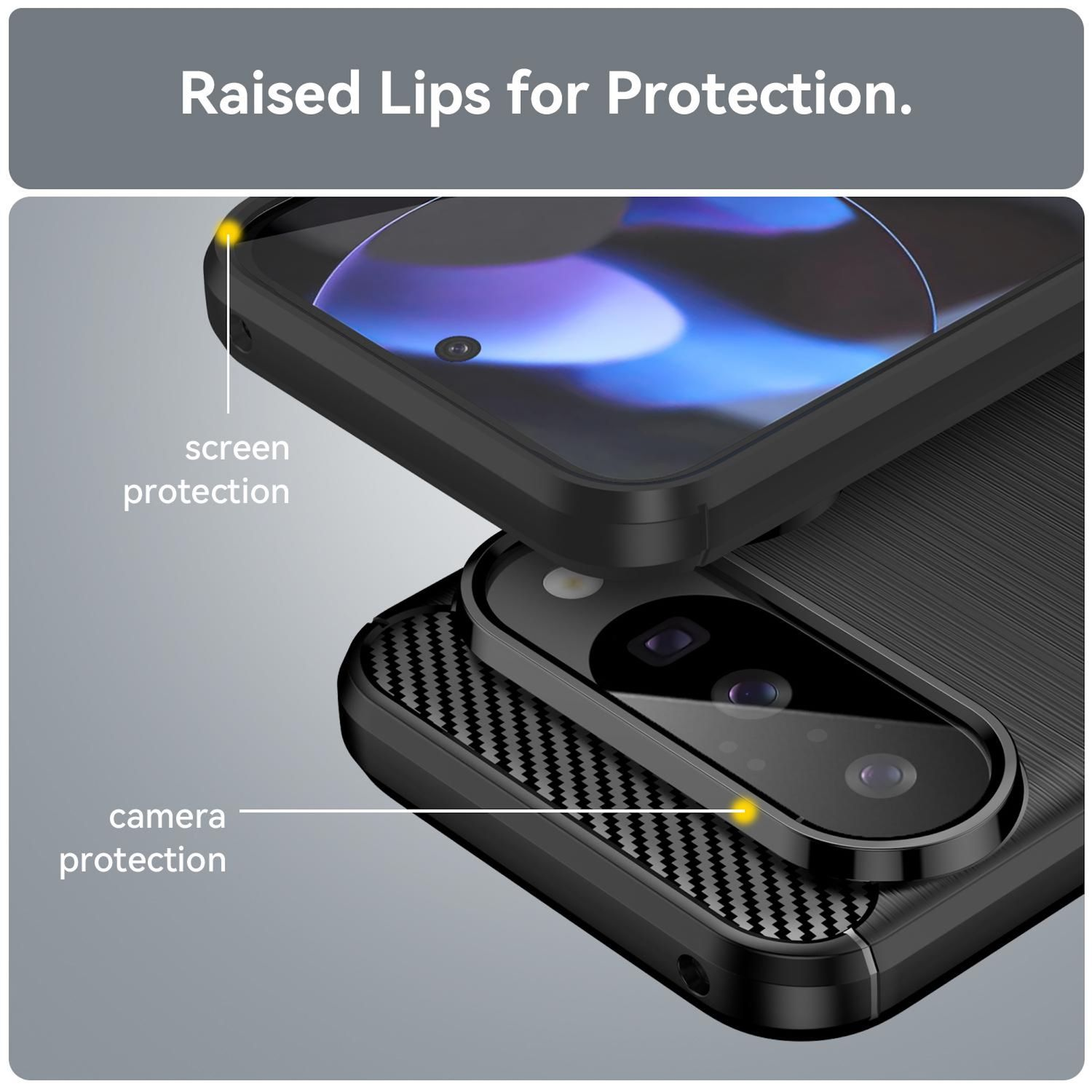 Funda de teléfono negra con bordes elevados para protección de pantalla y cámara. Texto: 'Raised Lips for Protection'.