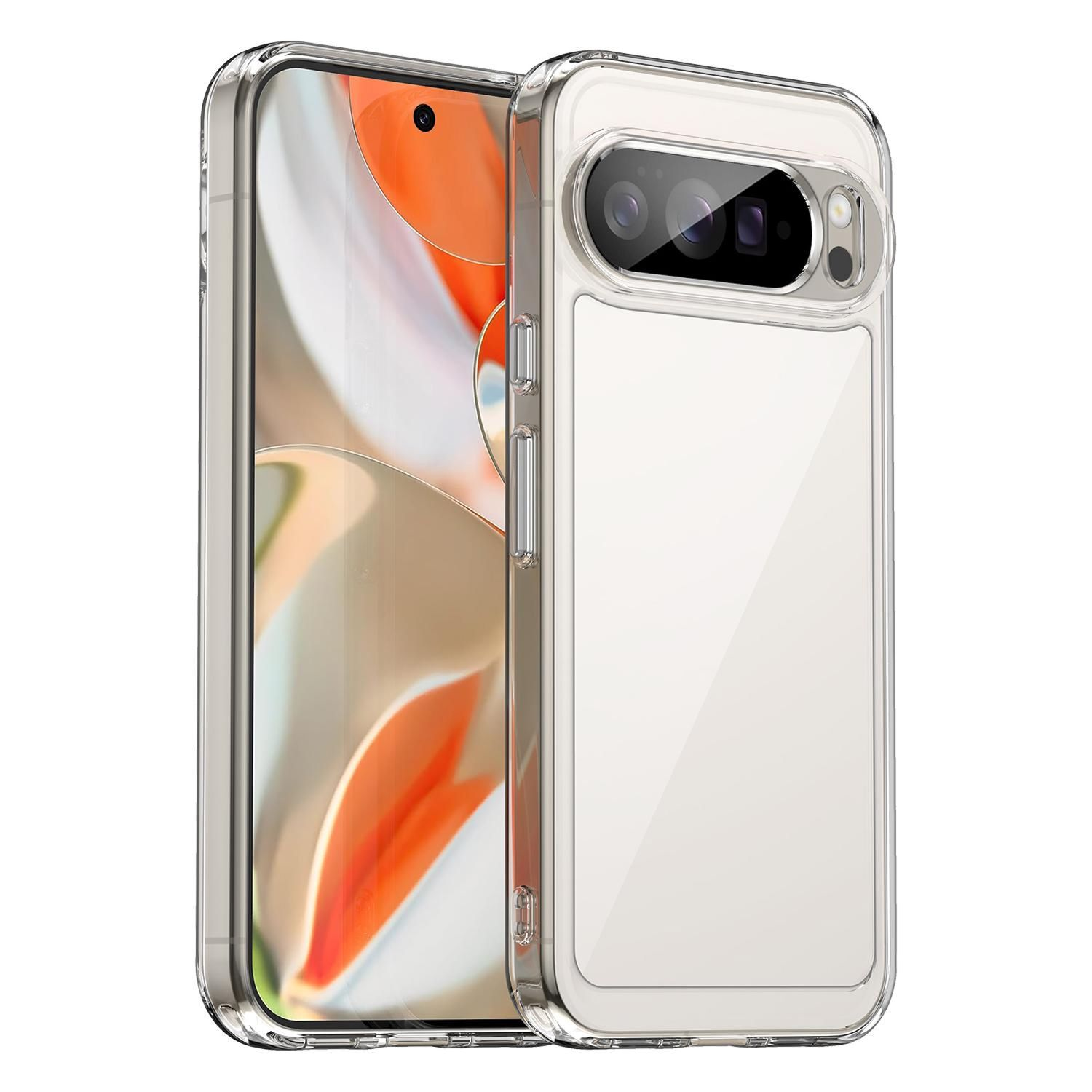 Transparente Handyhülle auf einem Telefon. Der Bildschirm zeigt abstrakte Kunst in Orange und Weiß. Die Hülle hat Kameraausschnitte.