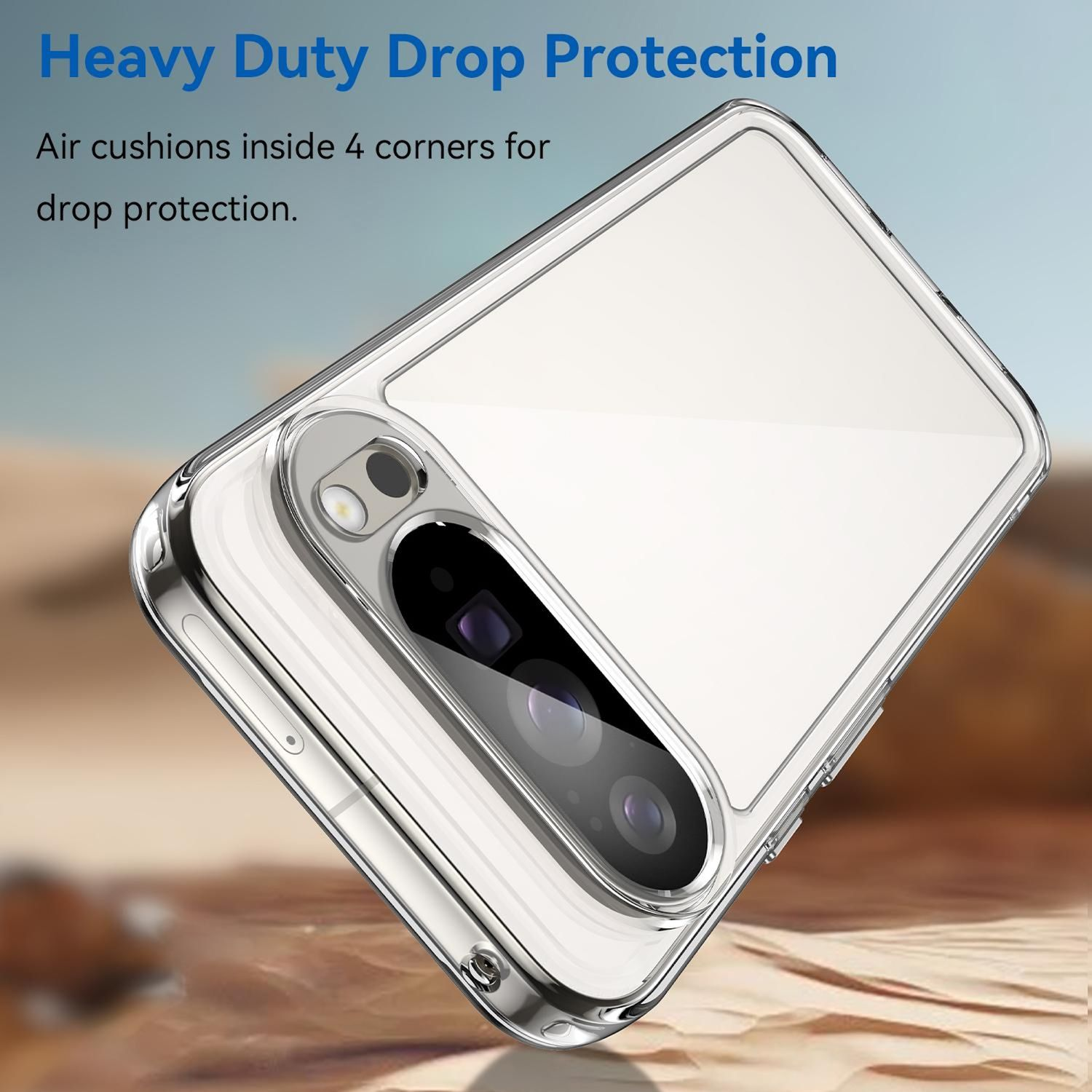 Eine transparente Handyhülle, die die Kamera und das Design des Telefons zeigt. Der Text oben lautet „Heavy Duty Drop Protection“.
