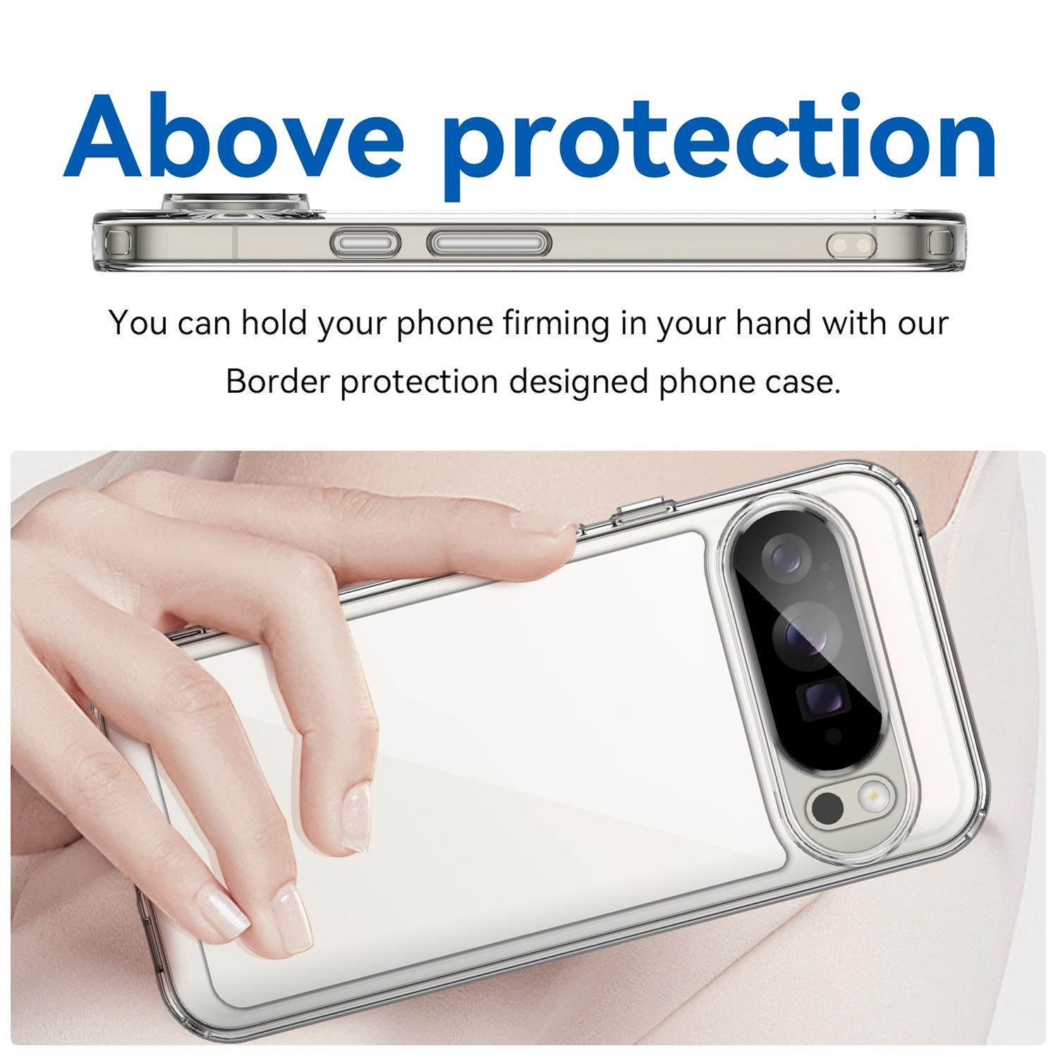 Eine Hand hält eine transparente Handyhülle, die Kamera und Knöpfe des Telefons zeigt. Der Text oben lautet 'Above protection'.