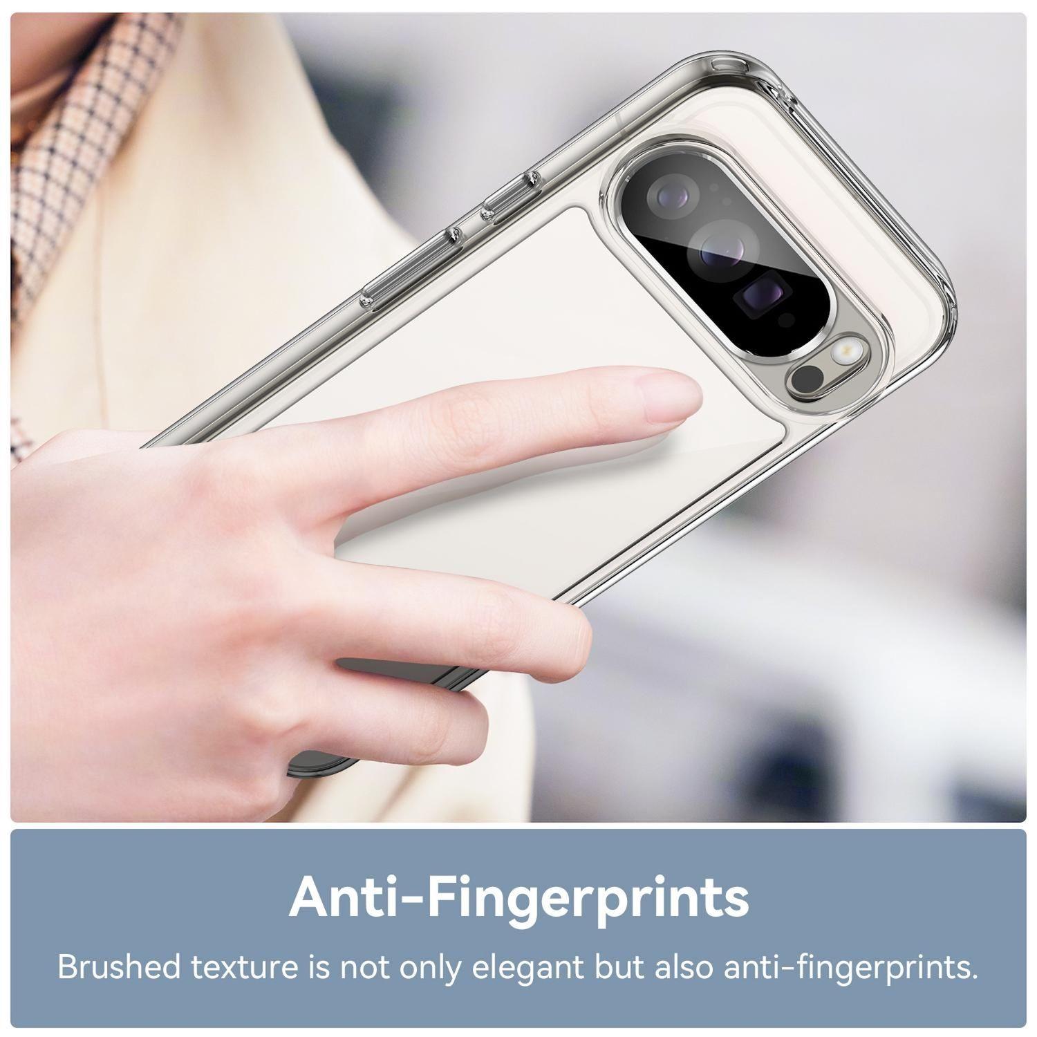 Eine Hand hält eine klare Handyhülle mit Kamera. Text unten: Anti-Fingerabdrücke, gebürstete Textur ist elegant und anti-Fingerabdrücke.