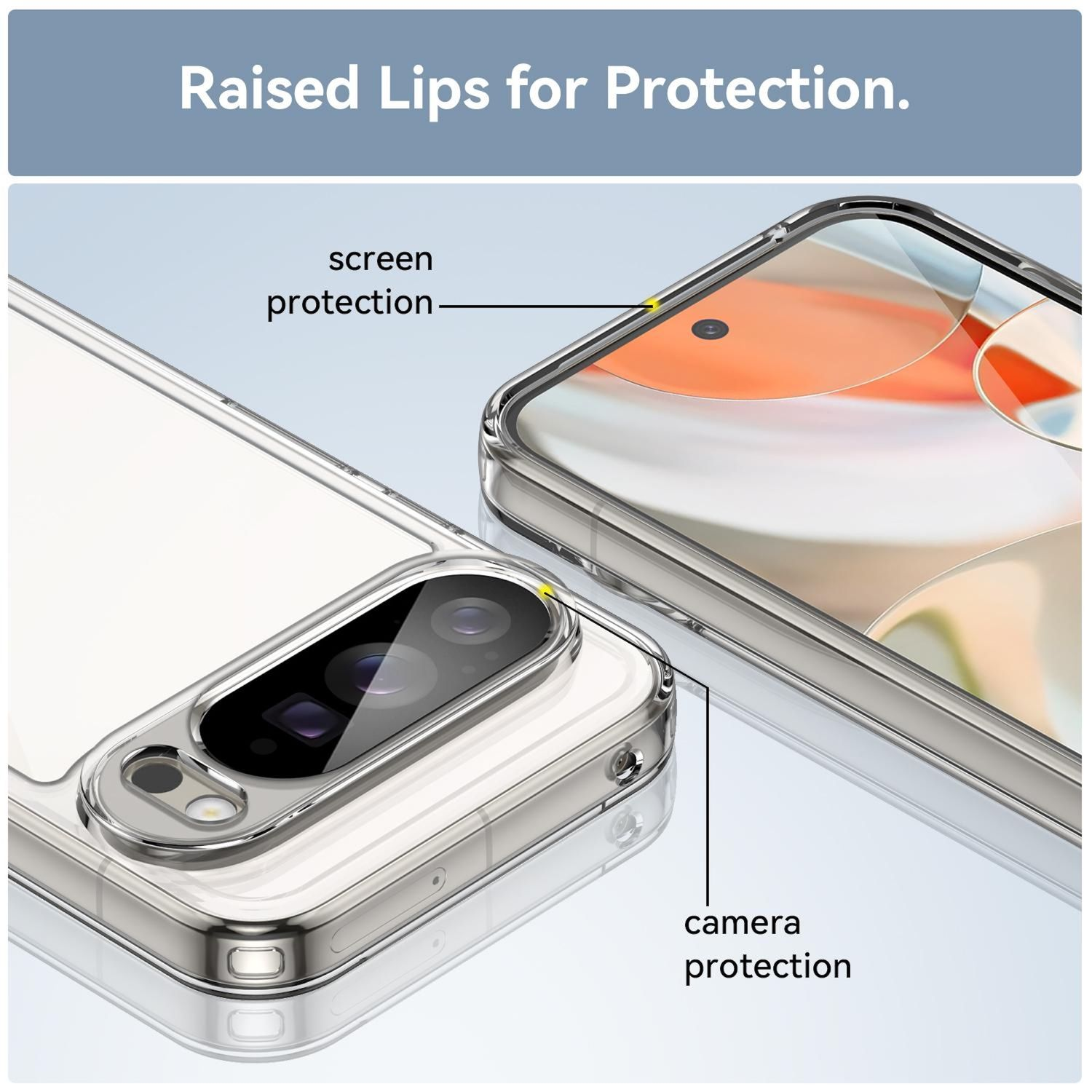 Eine transparente Handyhülle mit erhöhten Rändern zum Schutz von Bildschirm und Kamera wird gezeigt. Die Hülle hat ein transparentes Design und Etiketten.